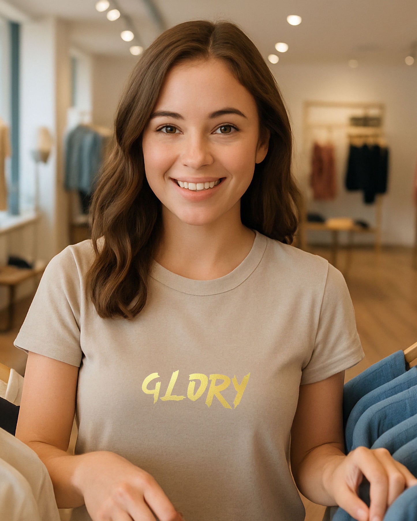 A woman in a clothes store wearing a beige t-shirt with a gold "Glory" text logo printed on the front.