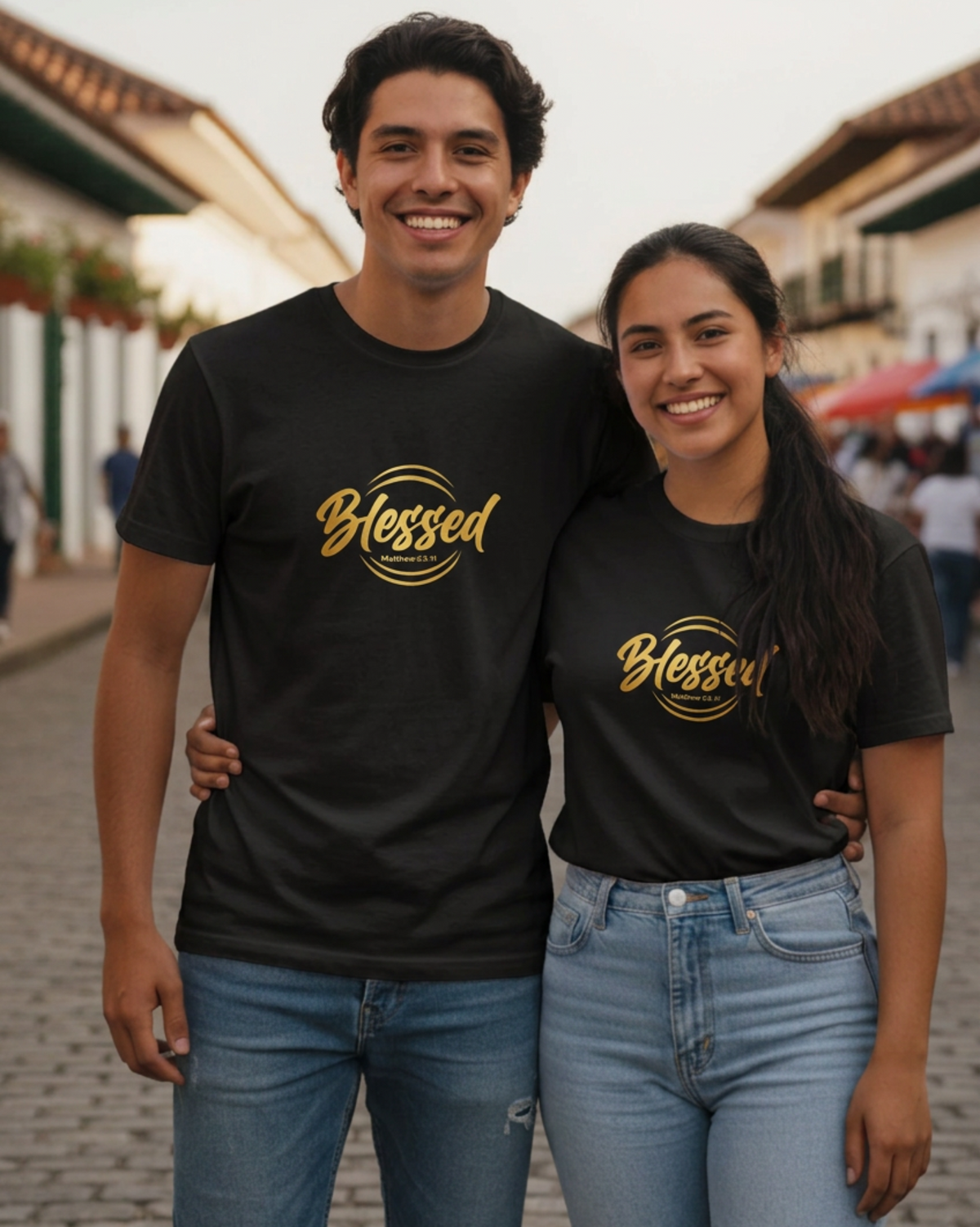 A south American couple wearing black t-shirts with 'Blessed' logo in gold text, standing together in a street.