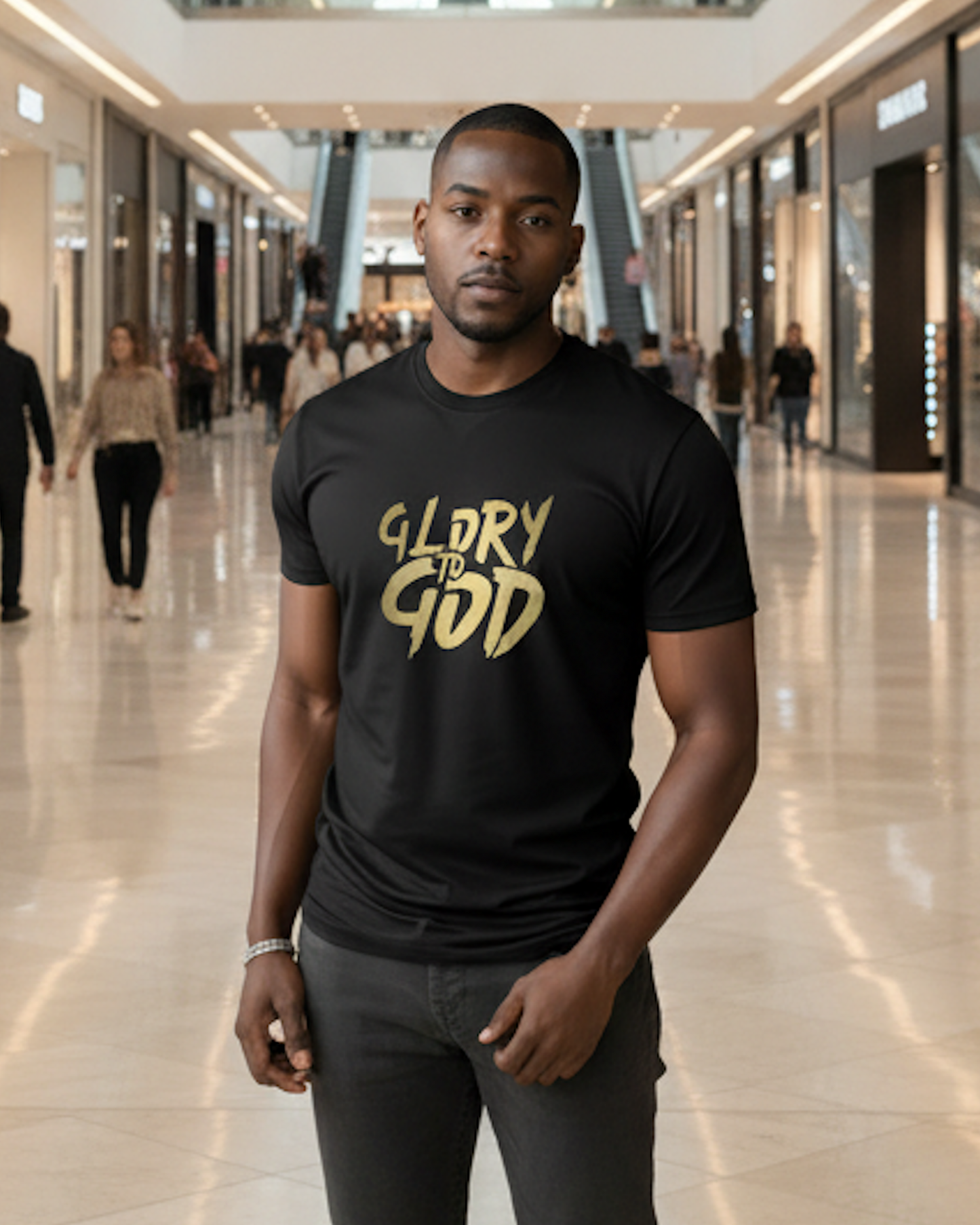 Man wearing a black t-shirt with 'GLORY TO GOD' in gold letters in a mall.