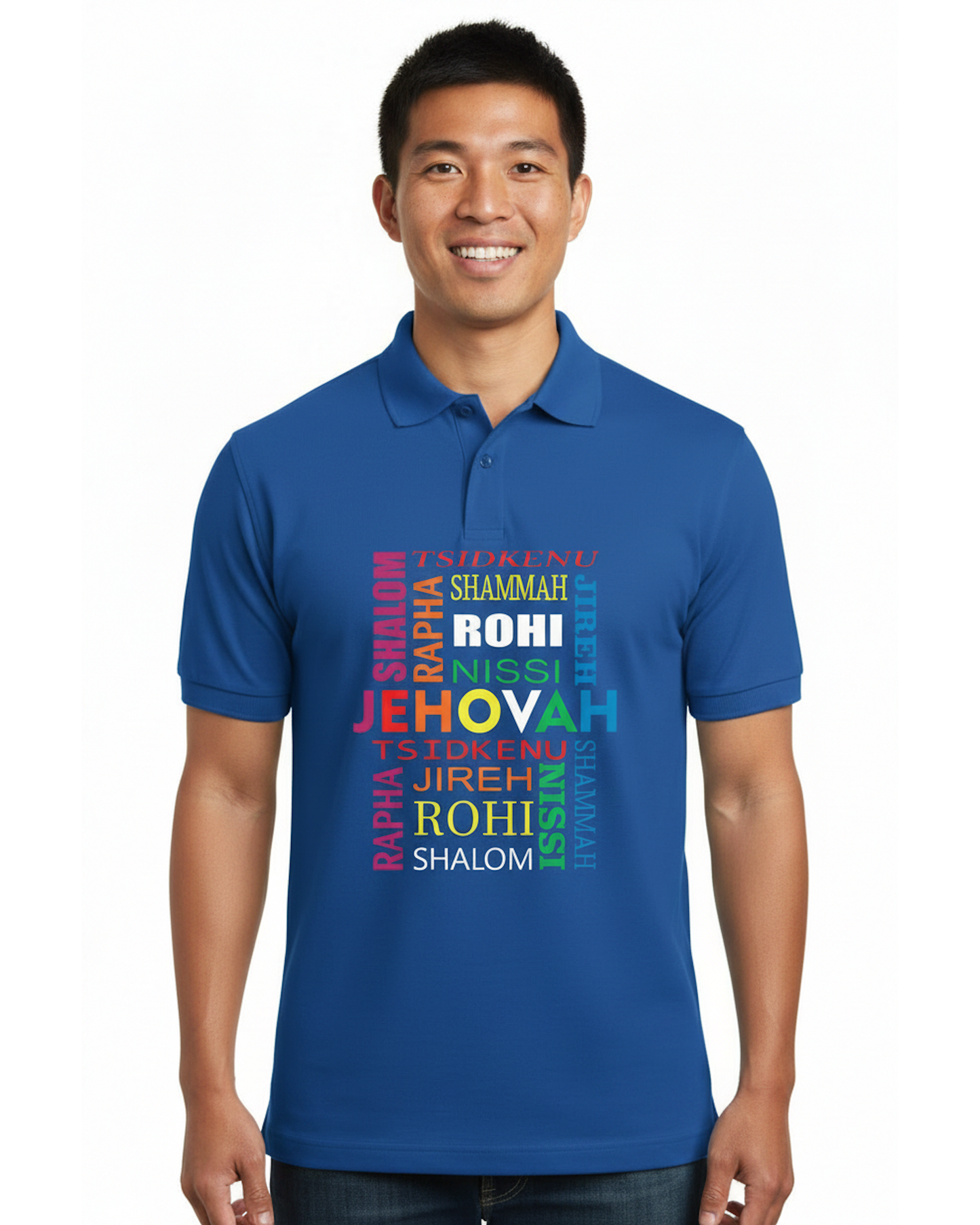 Man wearing a royal blue polo shirt with colorful text design on a white background
