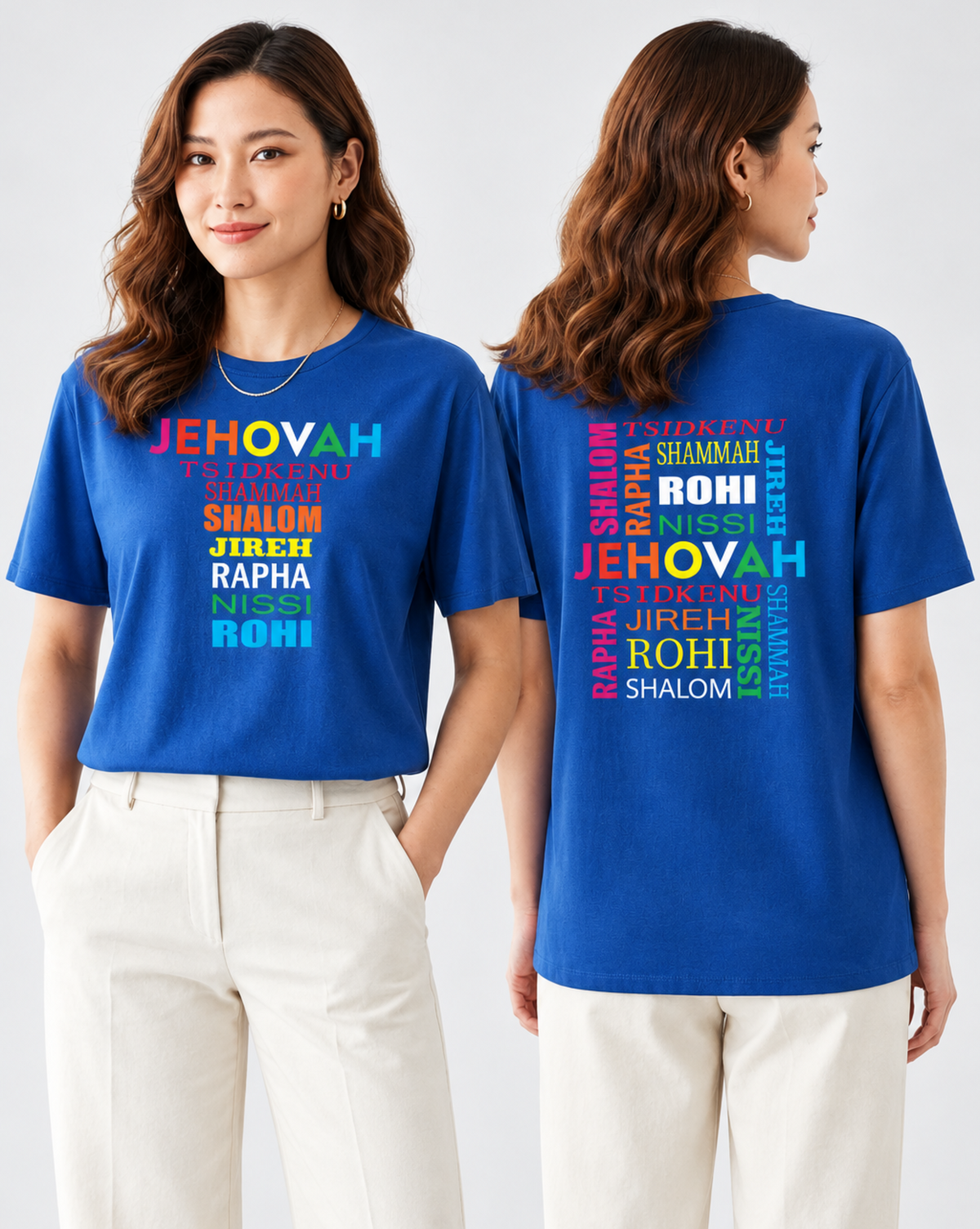 Names of God Blue T-shirt front and rear views