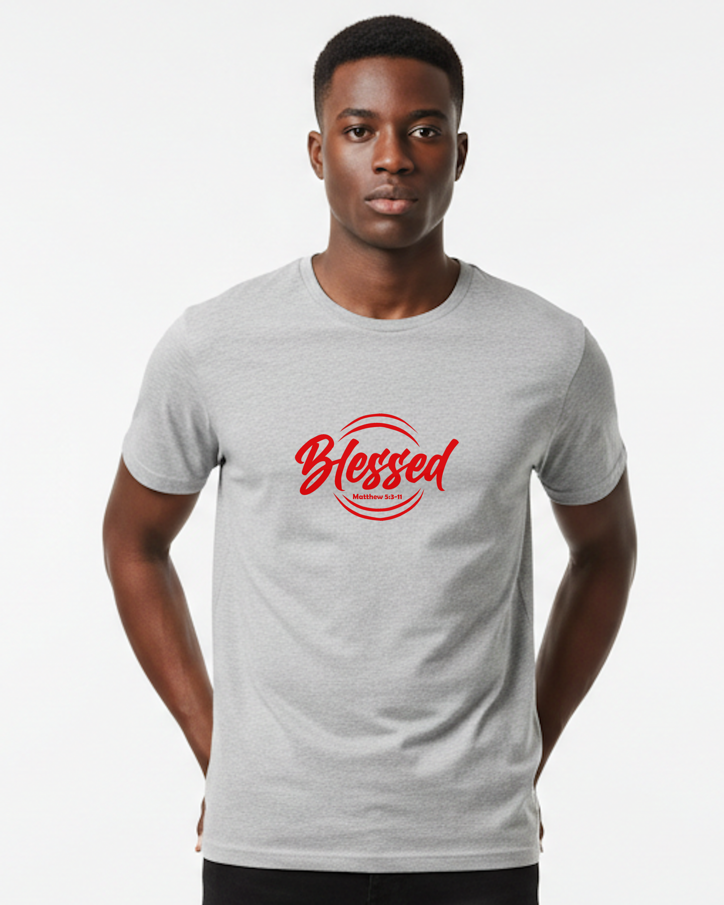 Man wearing a gray t-shirt with 'Blessed' in red text on a white background