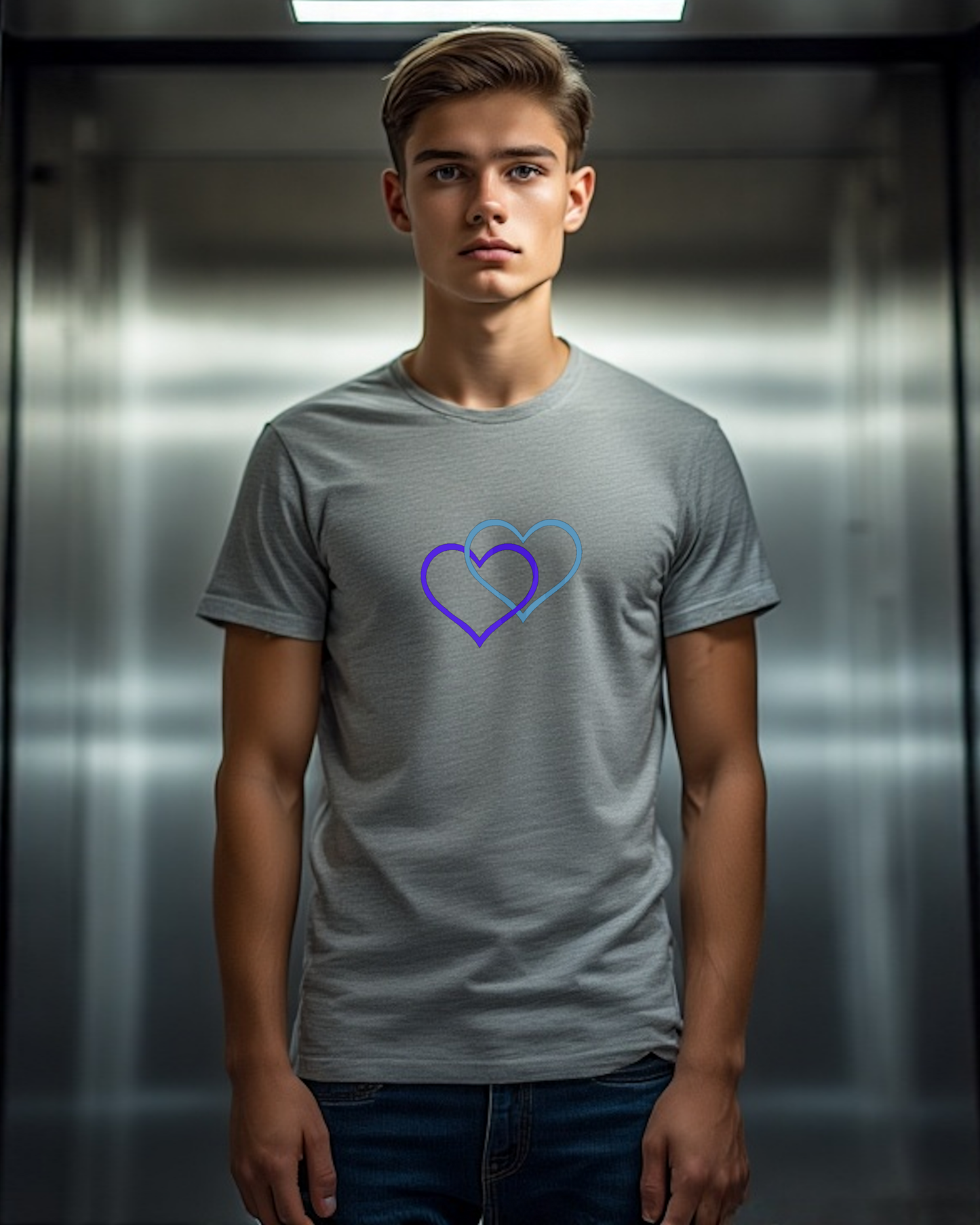 A man wearing a grey t-shirt with a purple and blue heart design in an elevator
