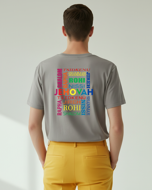Man wearing a gray t-shirt with colorful Hebrew text on the back against a plain background