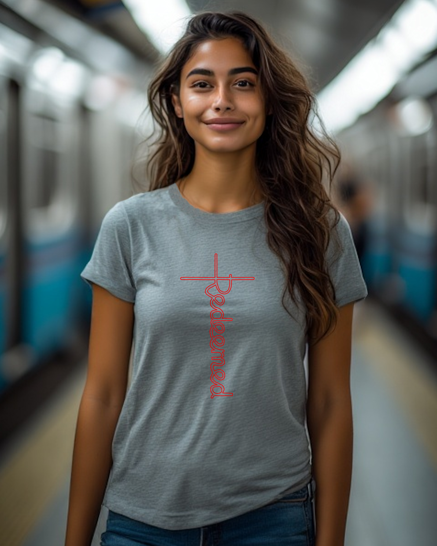 A woman standing in a train station wearing a grey t-shirt with an elaborate Heavenly Dreamwear designed 'Redeemed' logo printed on the front.