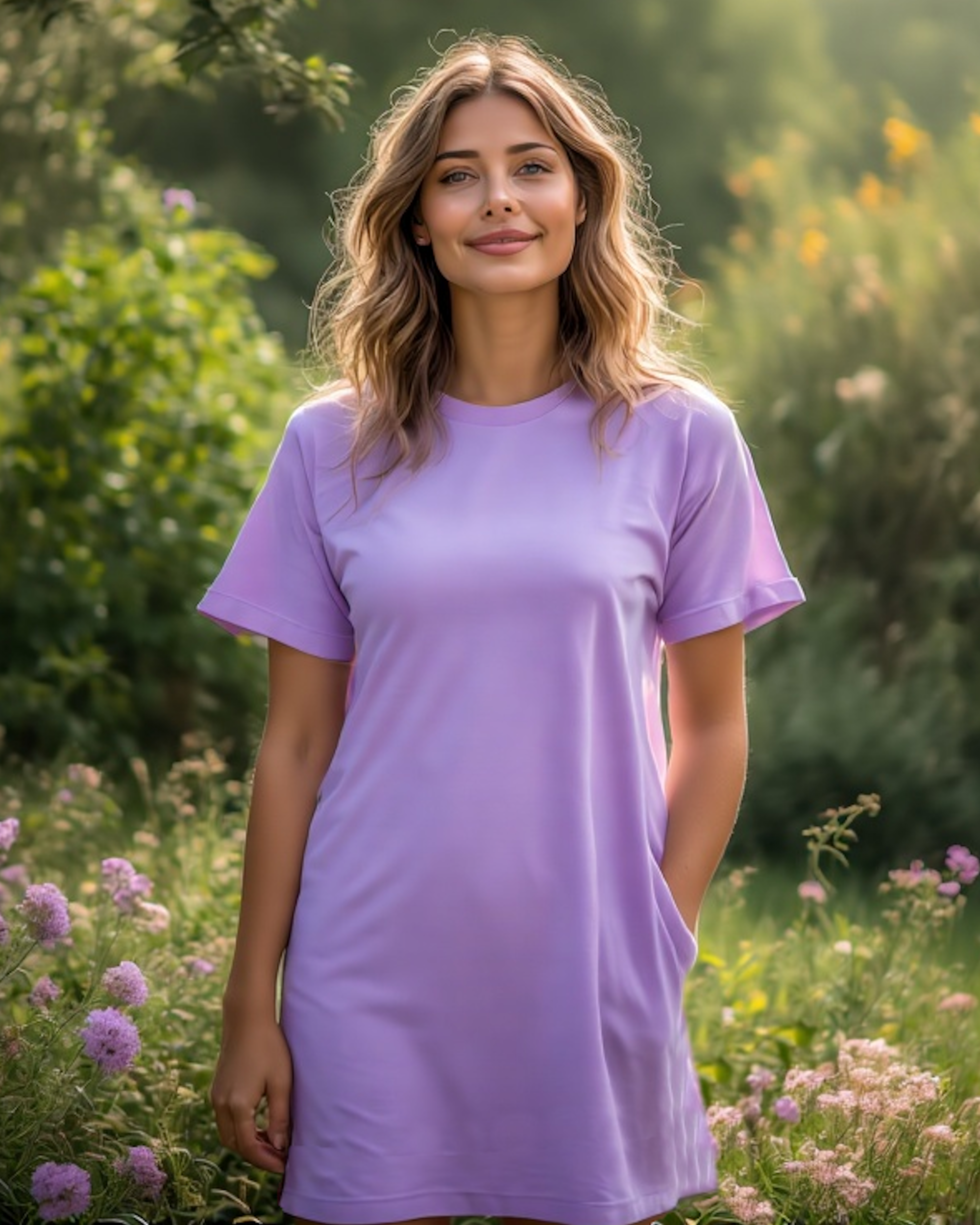 Woman wearing a lavender t-shirt dress standing in a garden with greenery and flowers.