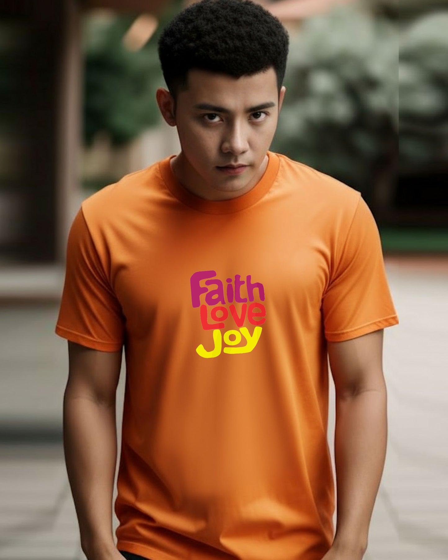 A man wearing an orange t-shirt with 'Faith Love Joy' text outdoors
