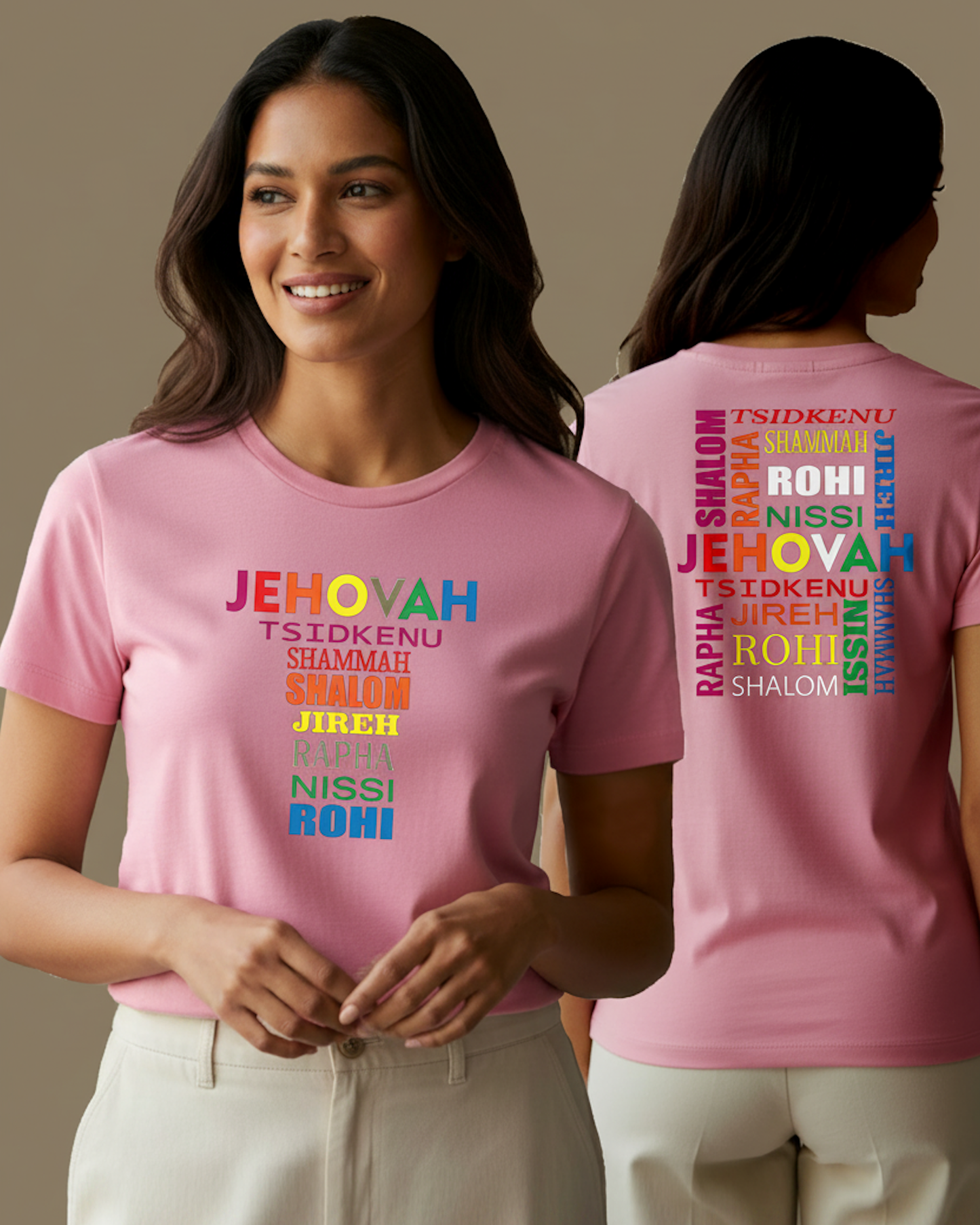 Women wearing pink t-shirts with colorful text on a plain beige background