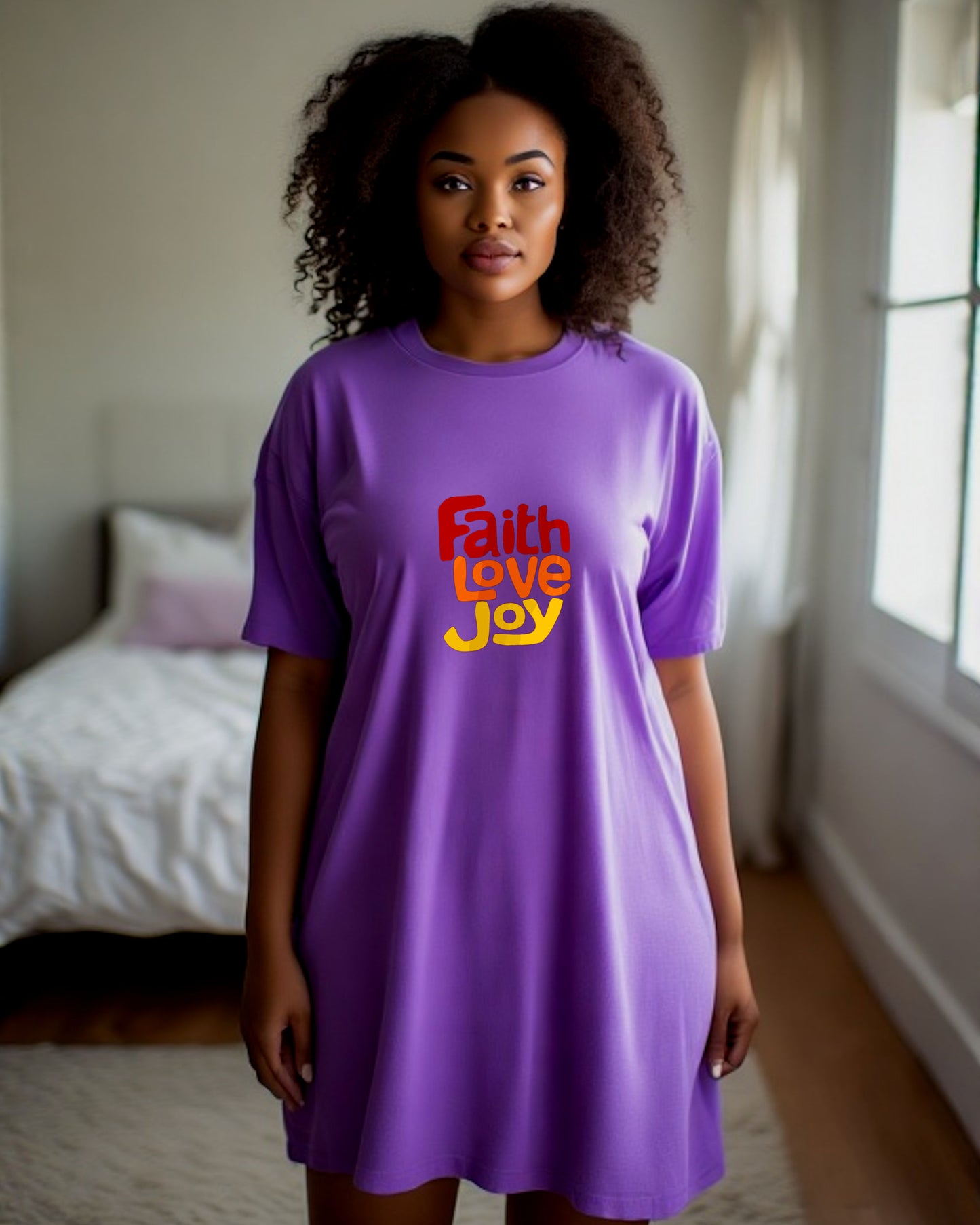 Woman wearing a purple t-shirt with red, orange and yellow 'Faith Love Joy' text in a bedroom.