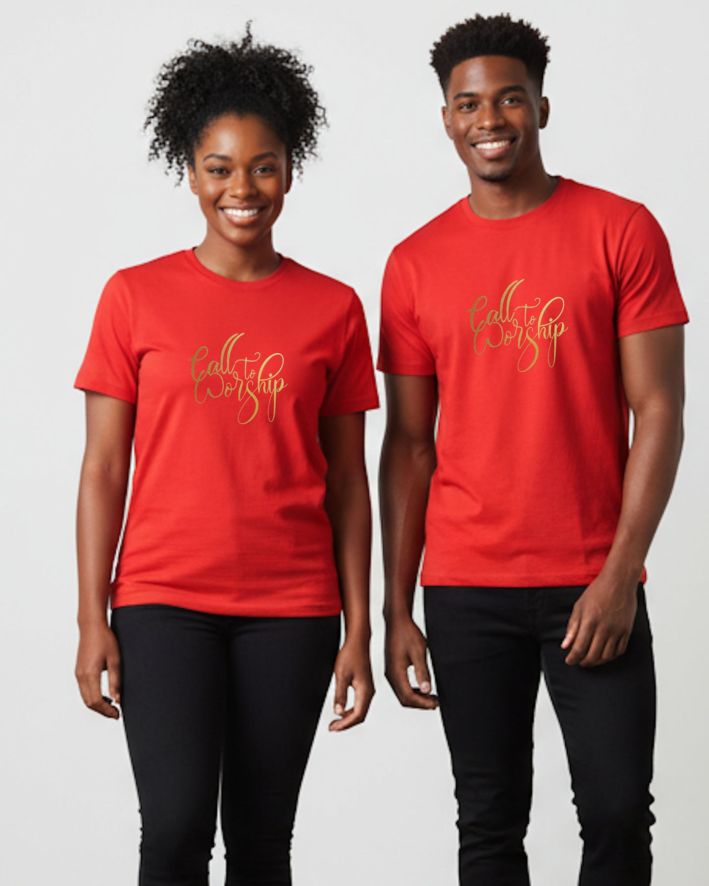 A woman and a man wearing red t-shirts with gold text 'Call to Worship' on a plain background
