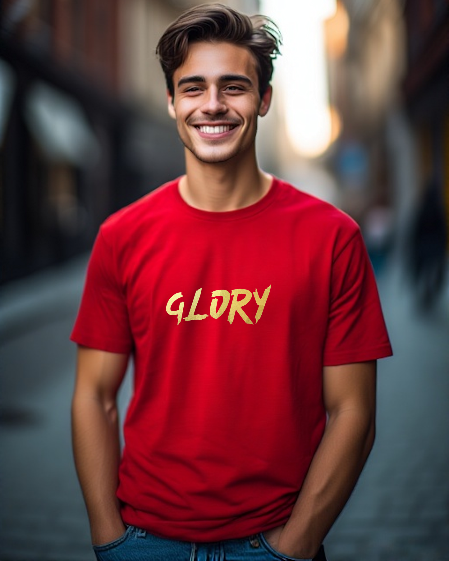 A man in a street wearing a red t-shirt with a gold "Glory" text logo printed on the front.