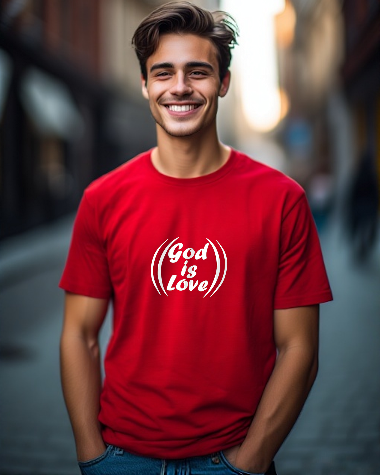 A man in a street wearing a red t-shirt with a white "God is Love" logo printed on the front.