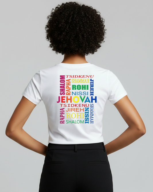Woman wearing a white t-shirt with colorful Hebrew text on the back against a gray background