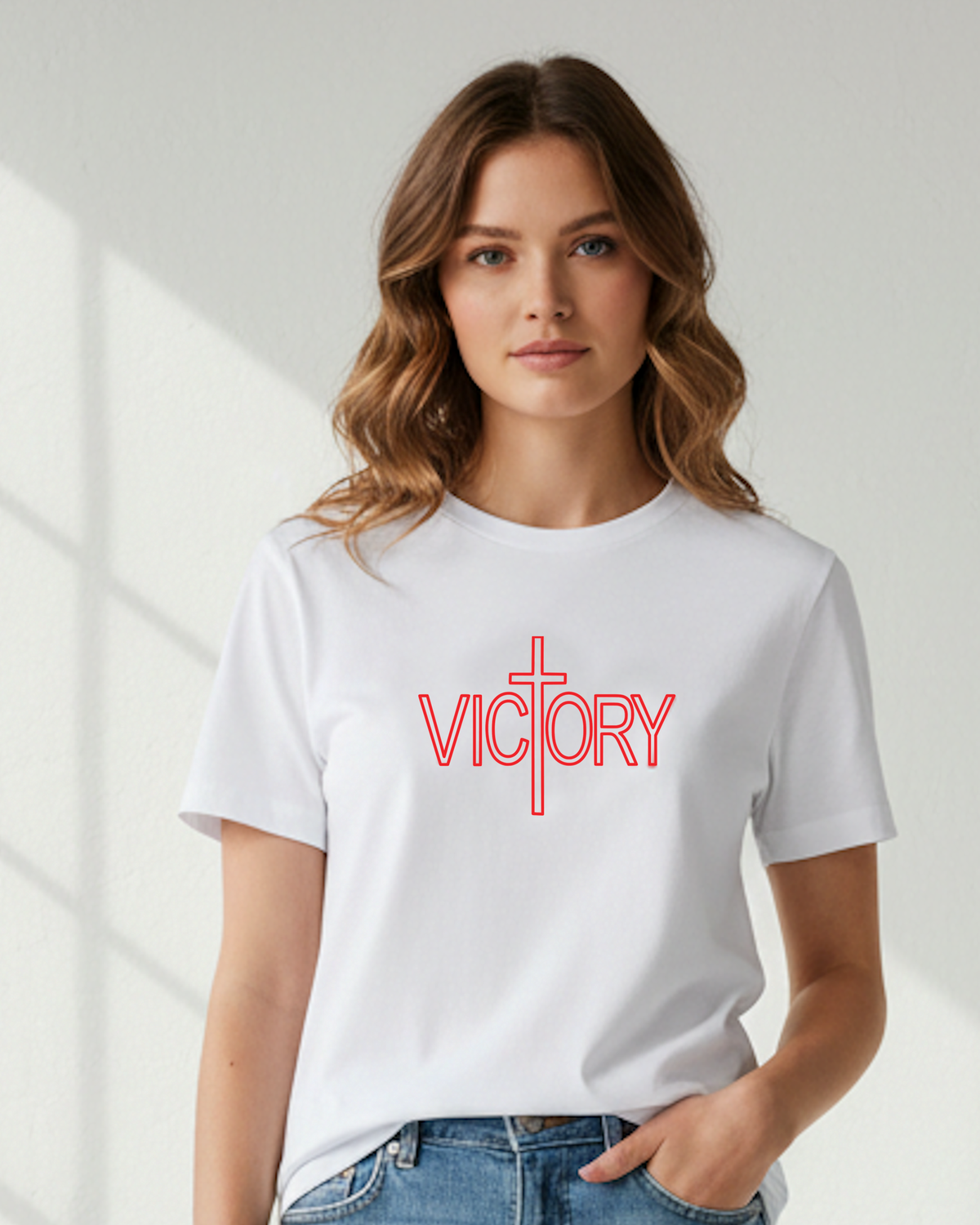 Woman wearing a white t-shirt with 'VICTORY' printed in red on a white background