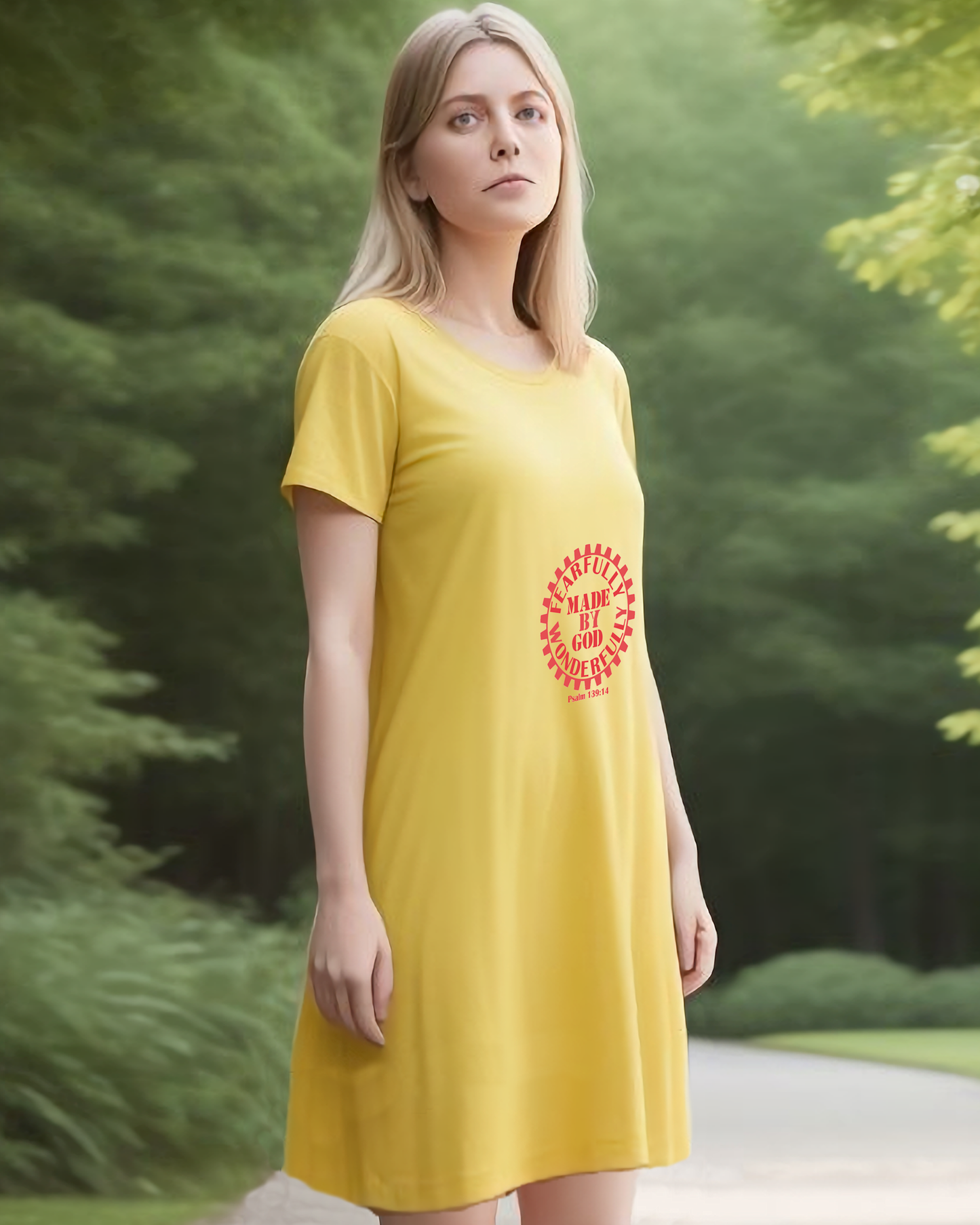 A woman on a driveway wearing a yellow t-shirt dress with a red Heavenly Dreamwear logo comprised of text "Fearfully Wonderfully Made by God" inside a geared wheel.
