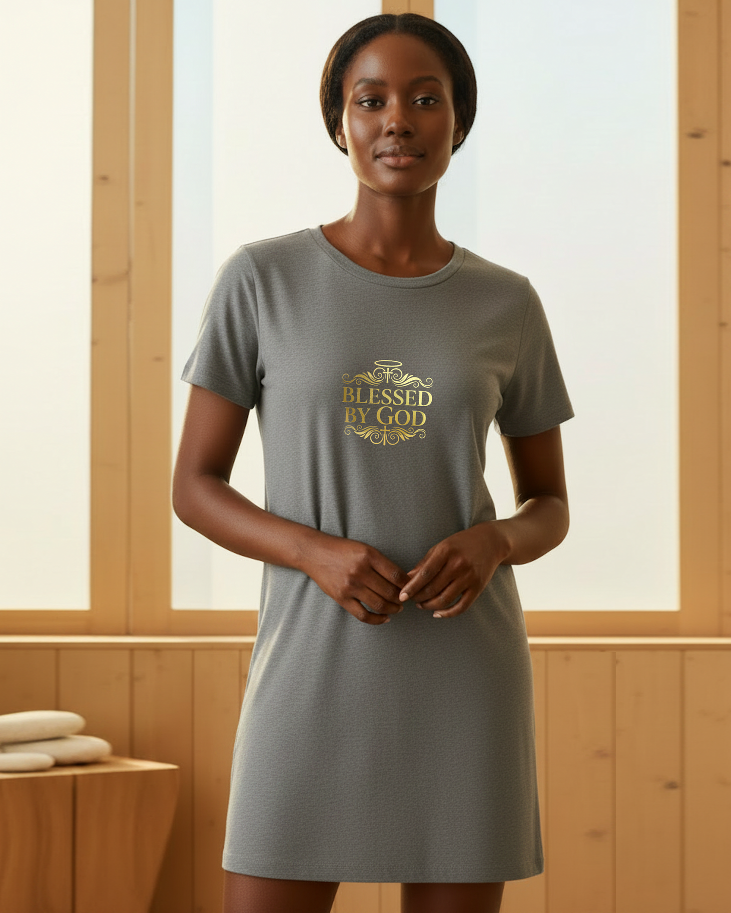 A woman in a bedroom wearing a purple sleepwear t-shirt dress with gold and silver logo.