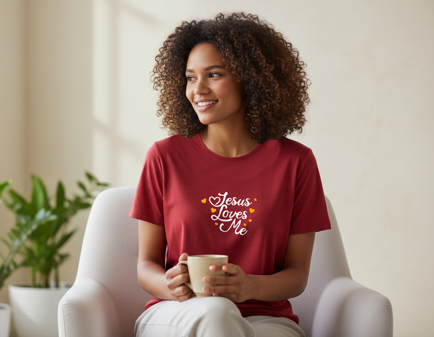 A woman sitting alone on a floor in an empty room, wearing a red short  sleeve t-shirt with a gold "Glory to God" logo printed on the front.