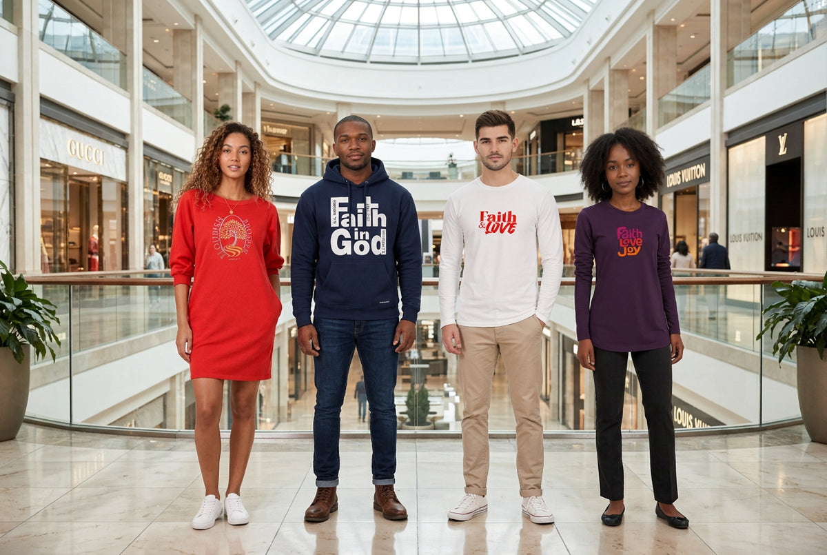 Four models wearing different faith-themed graphic sweatshirts and hoodies in red, navy, white, and purple, standing in a shopping mall.