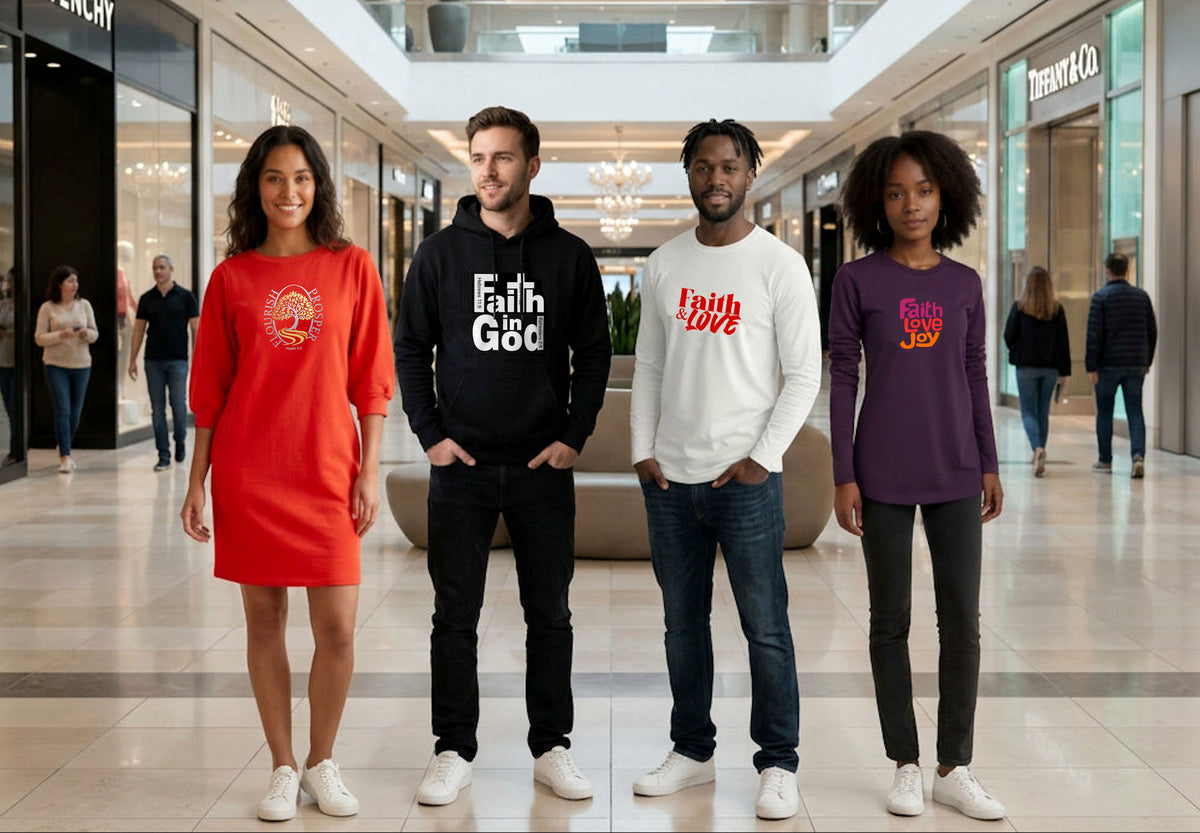 Four models standing in a mall wearing graphic apparel: a red dress with a circular 'Flourish Prosper' graphic, a black hoodie with 'Faith in God' in white, a white long-sleeve shirt with red 'Faith & Love' text, and a purple long-sleeve shirt with a red 'Faith Love Joy' graphic.