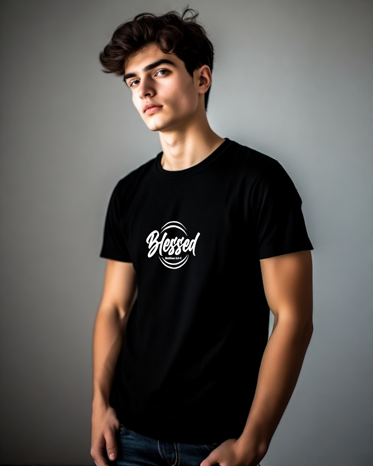 A young man wearing a black t-shirt with a white text logo that says 'Blessed'.