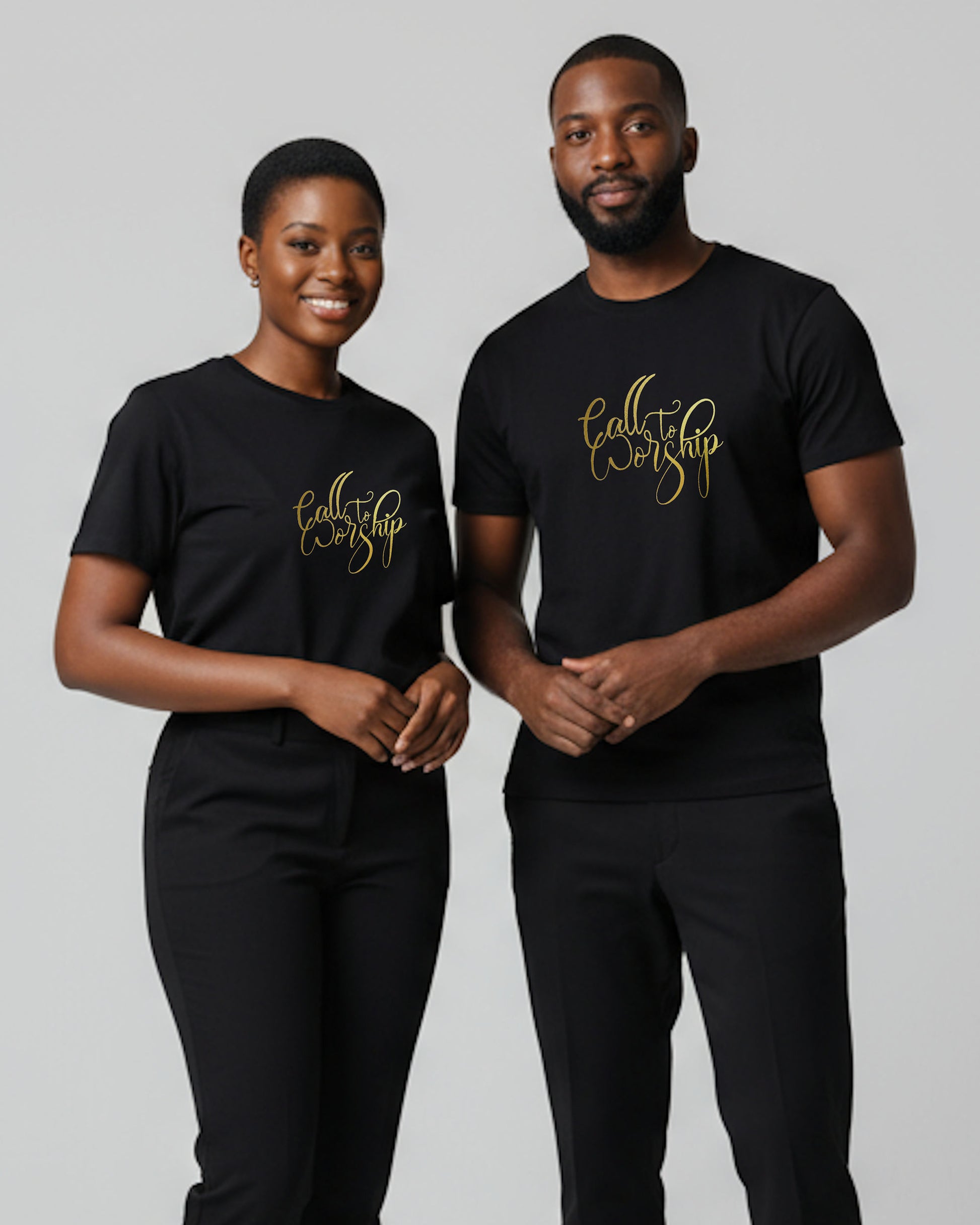 A woman and a man wearing black t-shirts with 'Call to Worship' text on a plain background