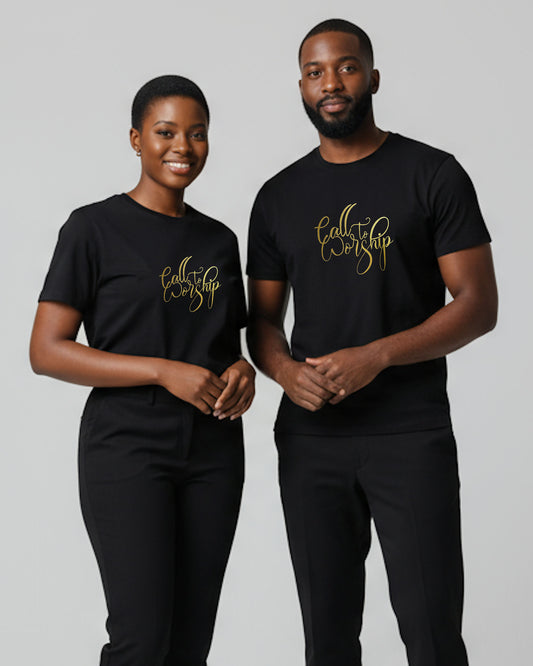 A woman and a man wearing black t-shirts with 'Call to Worship' text on a plain background
