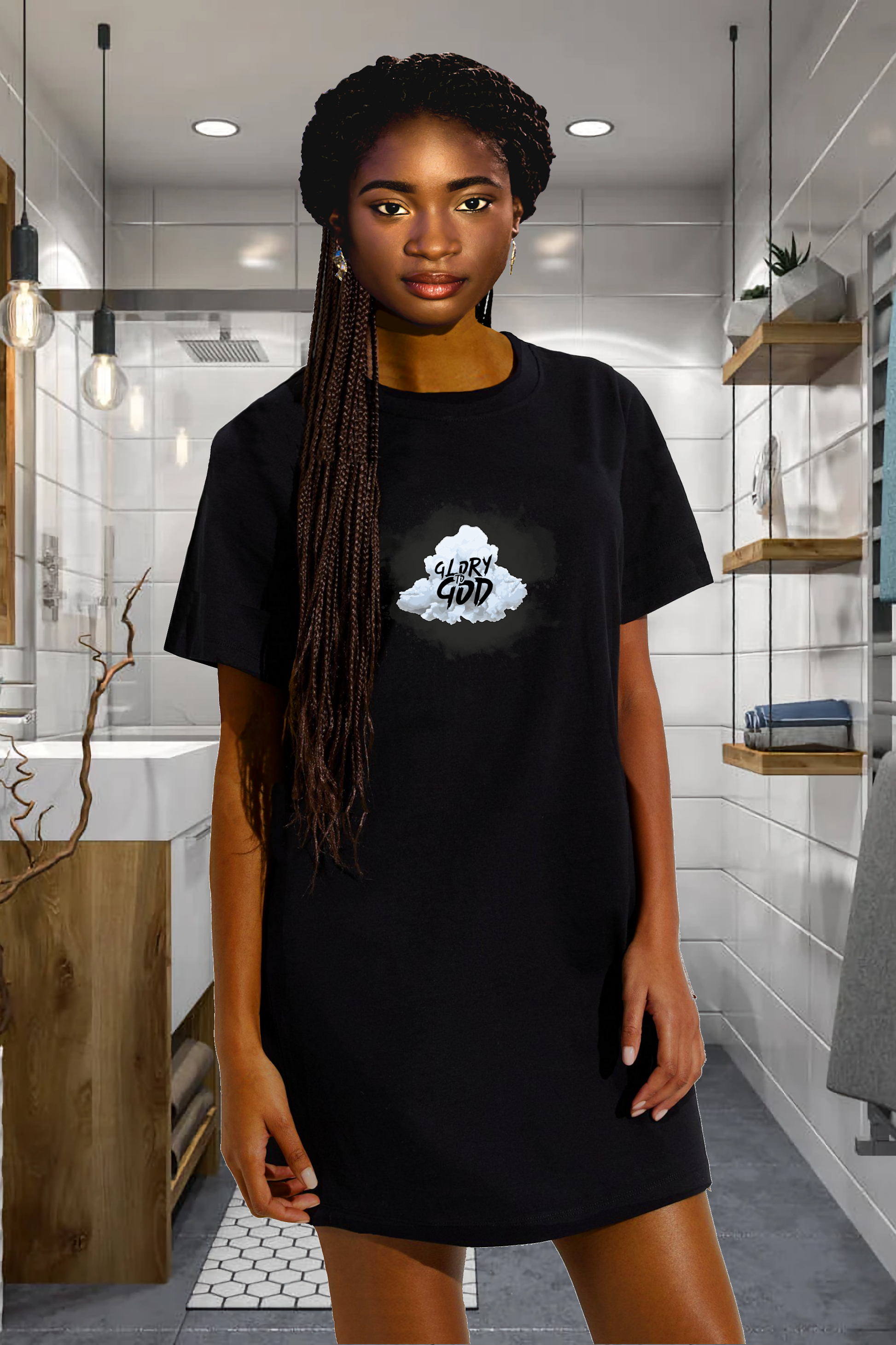 Woman wearing a black Heavenly Dreamwear t-shirt dress with a Glory to God cloud logo.