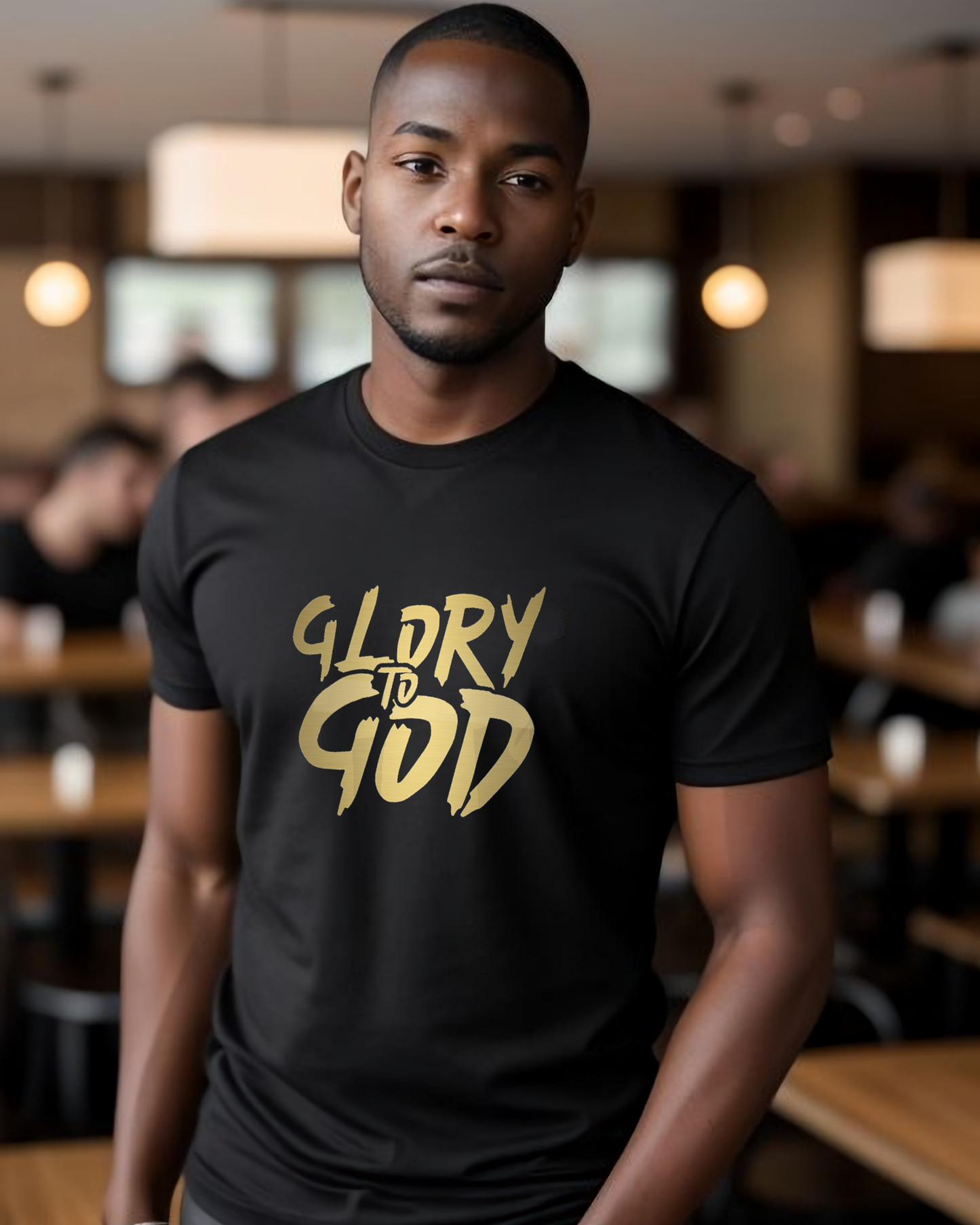 A man in a cafe wearing a black t-shirt with a gold Heavenly Dreamwear "Glory to God" logo printed on the front.
