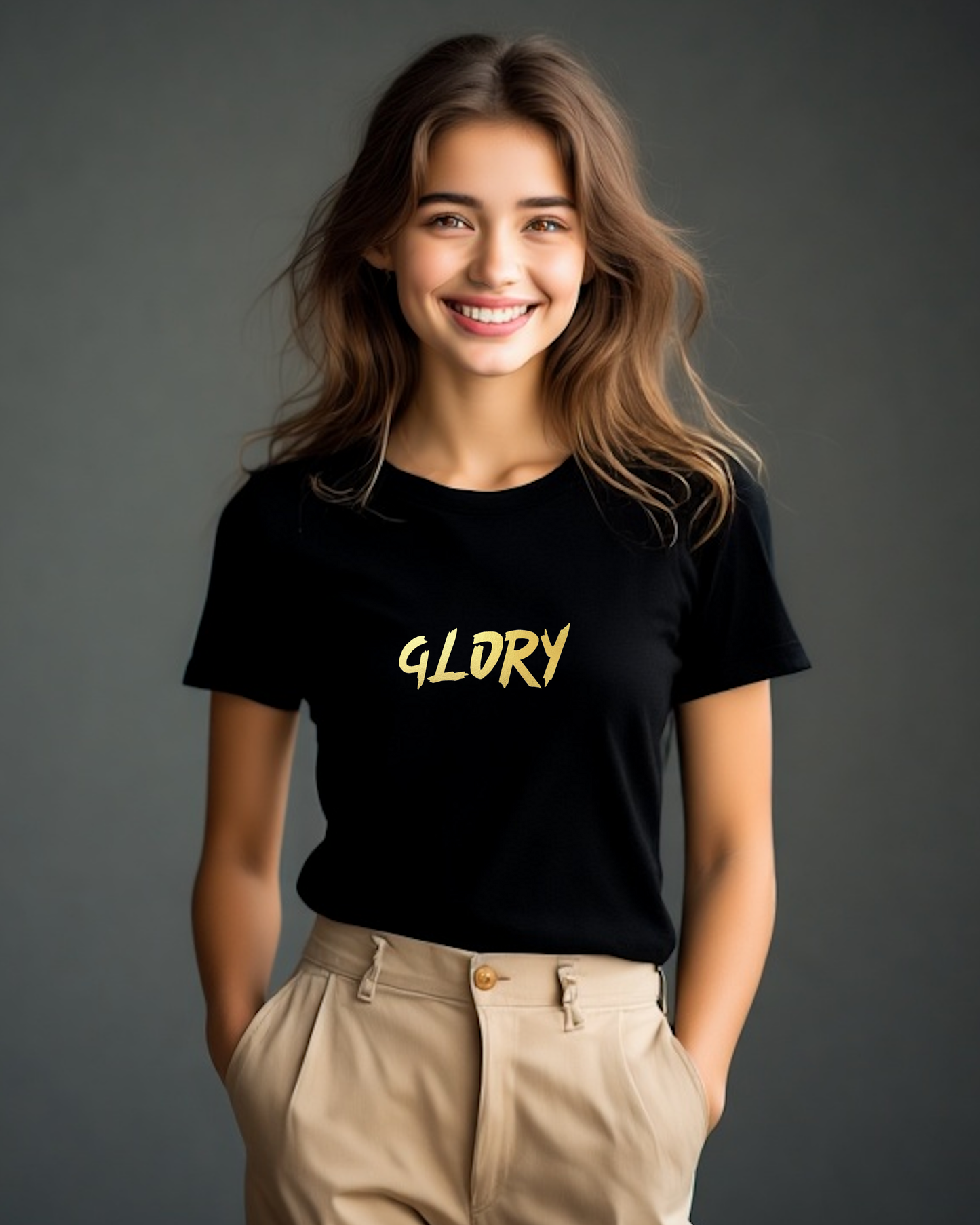 A woman wearing a black t-shirt with a gold "Glory" text logo printed on the front.