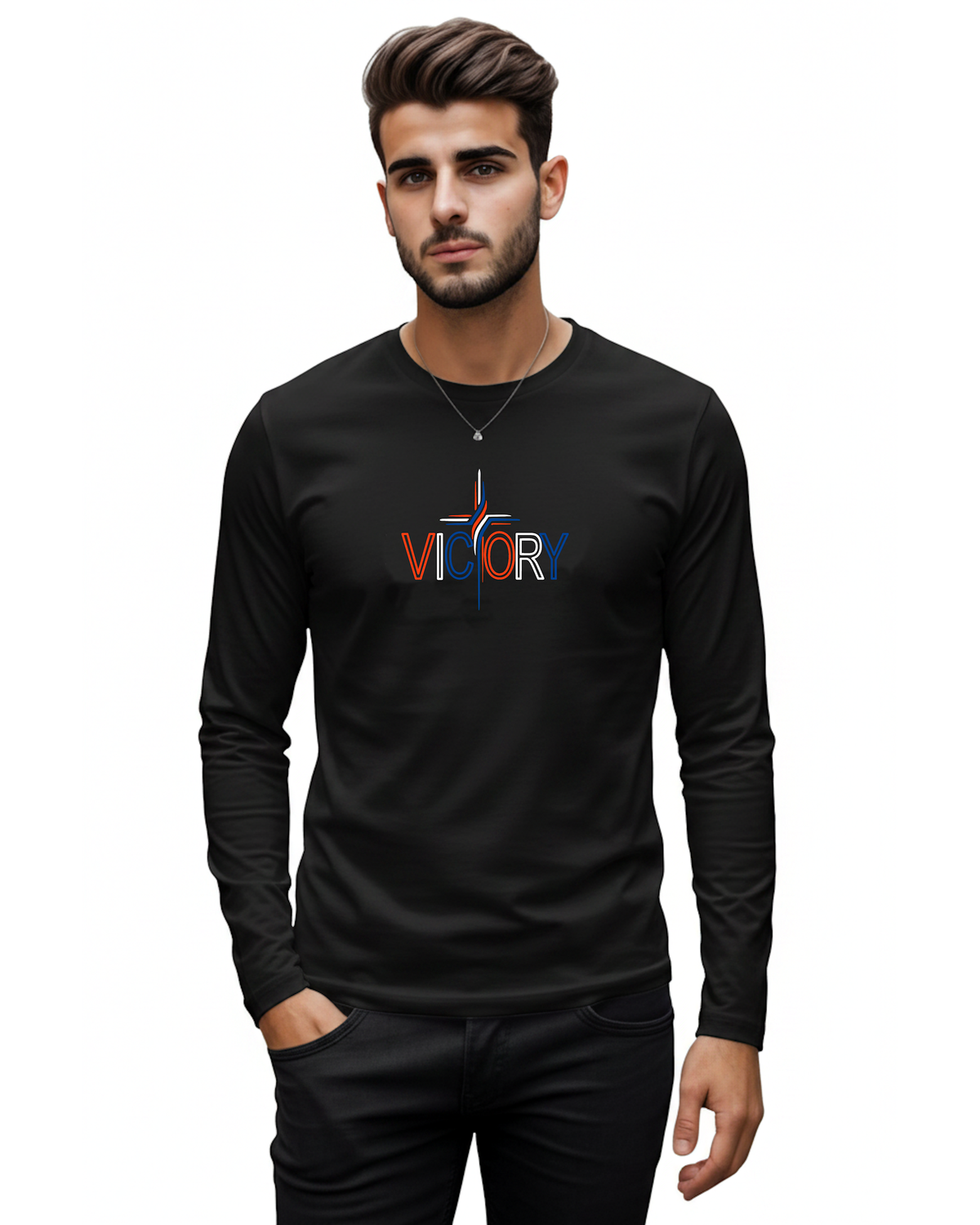 A man wearing a black long-sleeve t-shirt with a colorful 'VICTORY' graphic on the chest, paired with black pants, set against a plain white background.