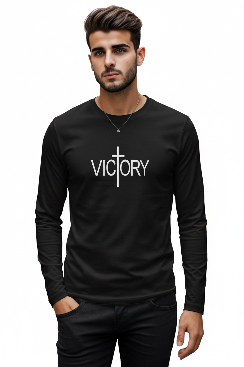 Man wearing a black long-sleeve shirt with 'VICTORY' printed on it against a white background