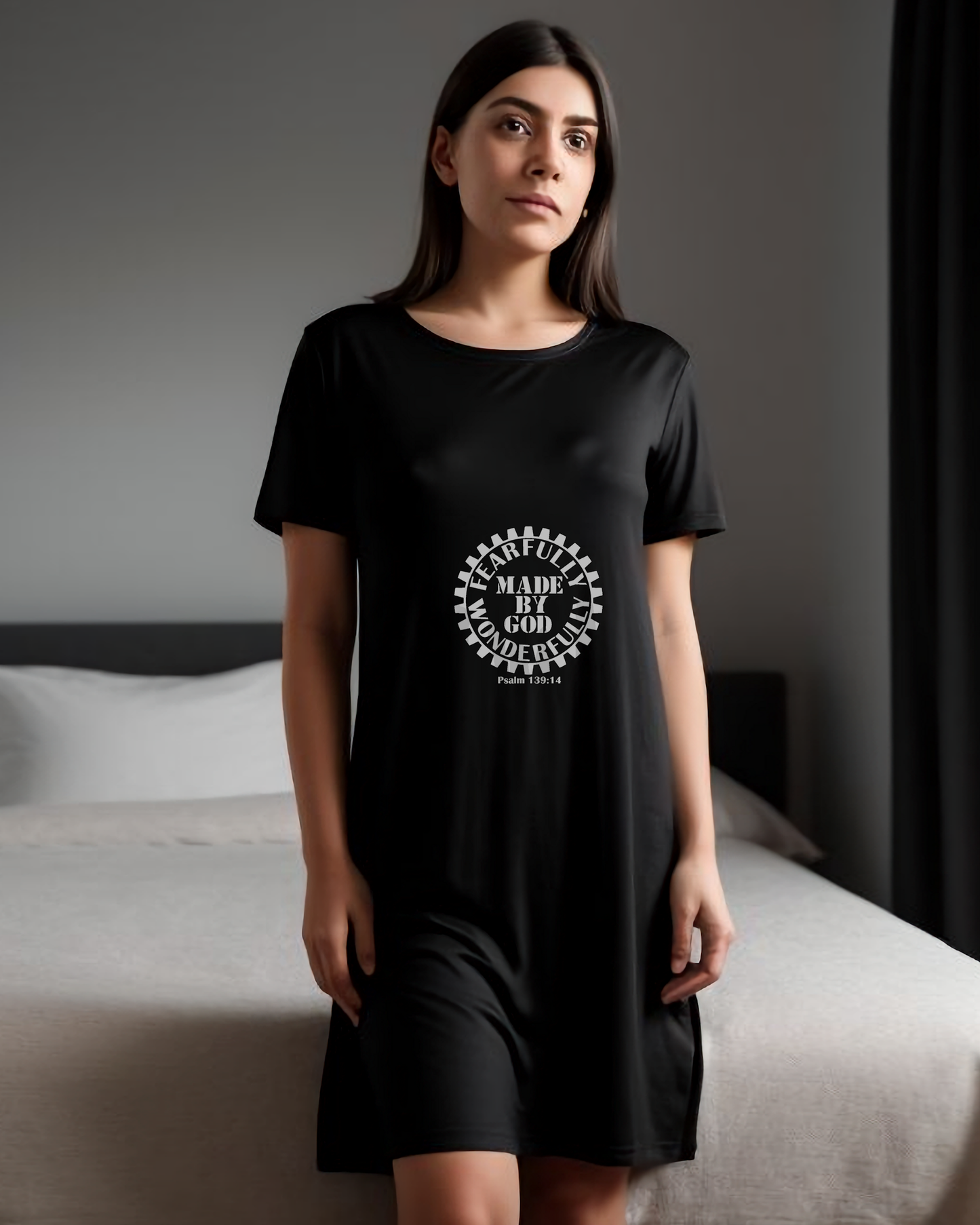 A woman in a bedroom wearing a black t-shirt dress with a white Heavenly Dreamwear logo comprised of  text "Fearfully Wonderfully Made by God" inside a geared wheel.
