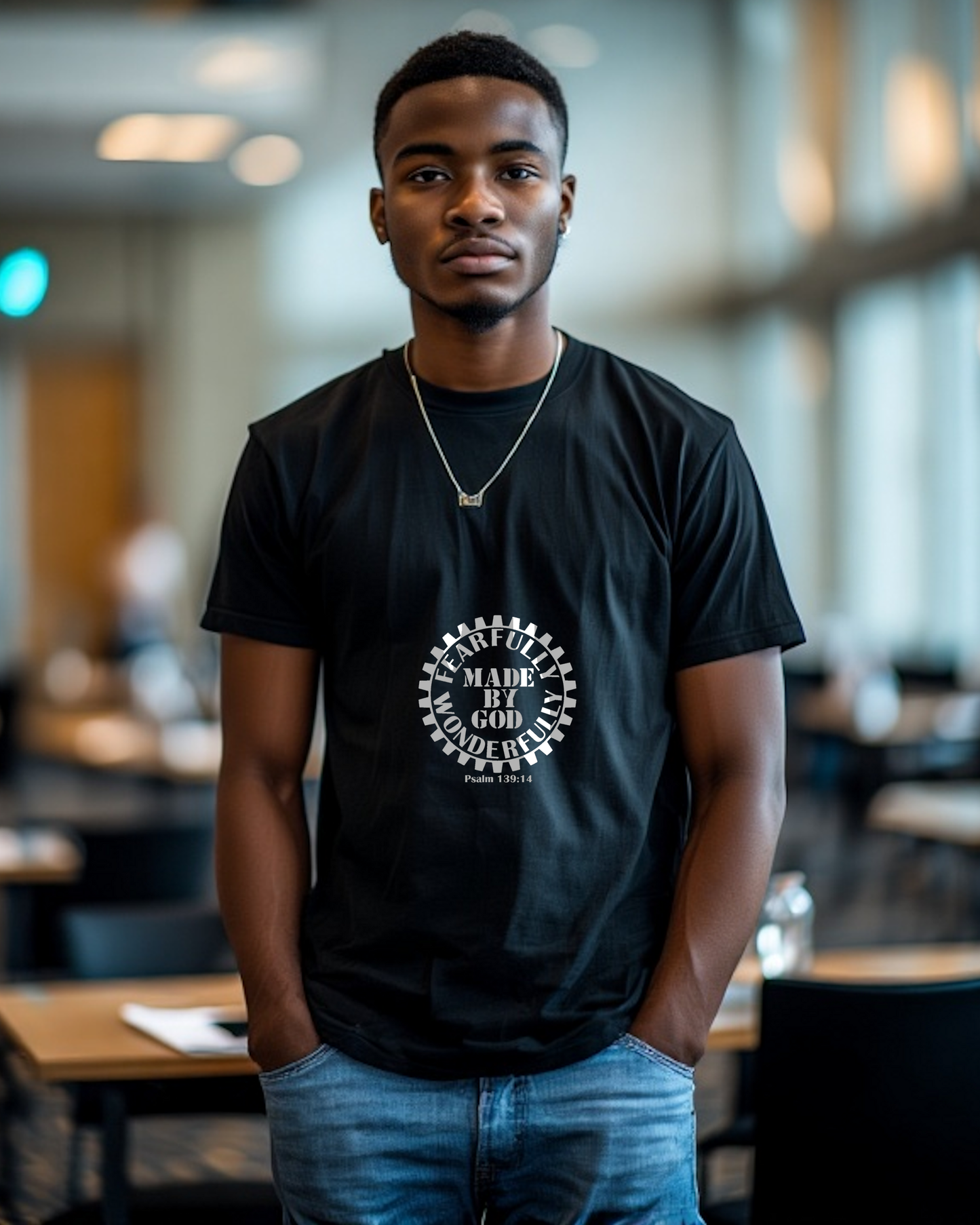 A man in a conference room wearing a black t-shirt with a white Heavenly Dreamwear logo with the text "Fearfully Wonderfully Made by God" inside a geared wheel.