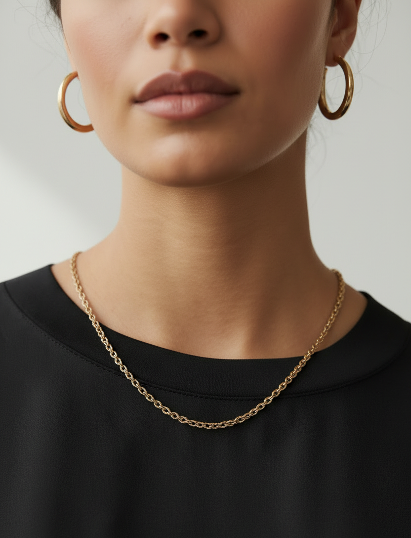 Close-up of a woman wearing a gold chain necklace, hoop earrings and a black t-shirt dress with a grey background.