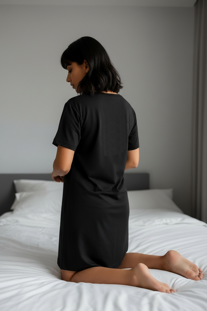 Woman kneeling on a bed wearing a black t-shirt dress.