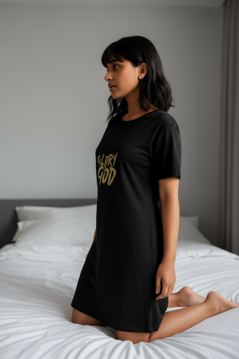 Woman kneeling on a bed wearing a black t-shirt dress with a gold logo.