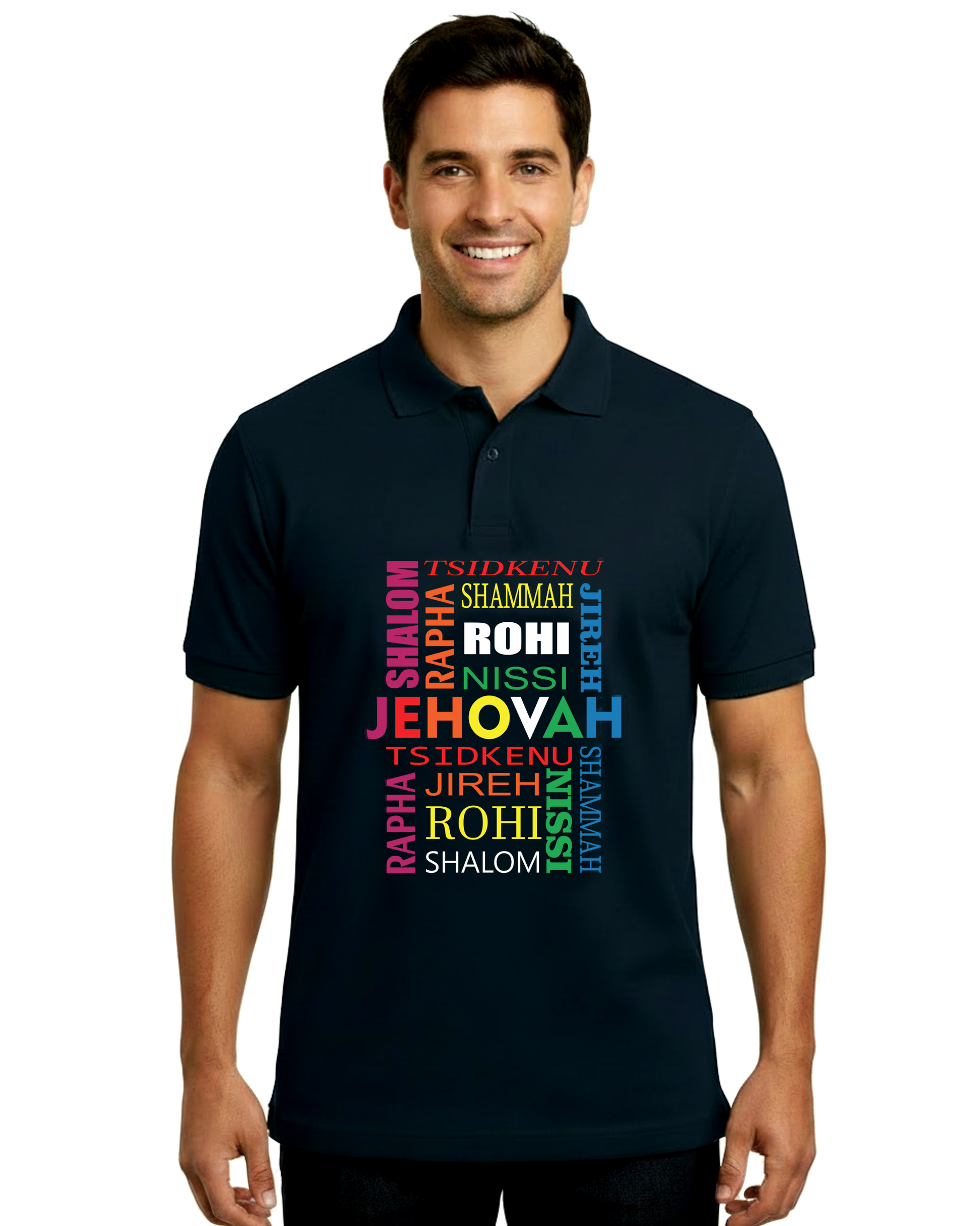 Man wearing a black polo shirt with colorful text design on a white background