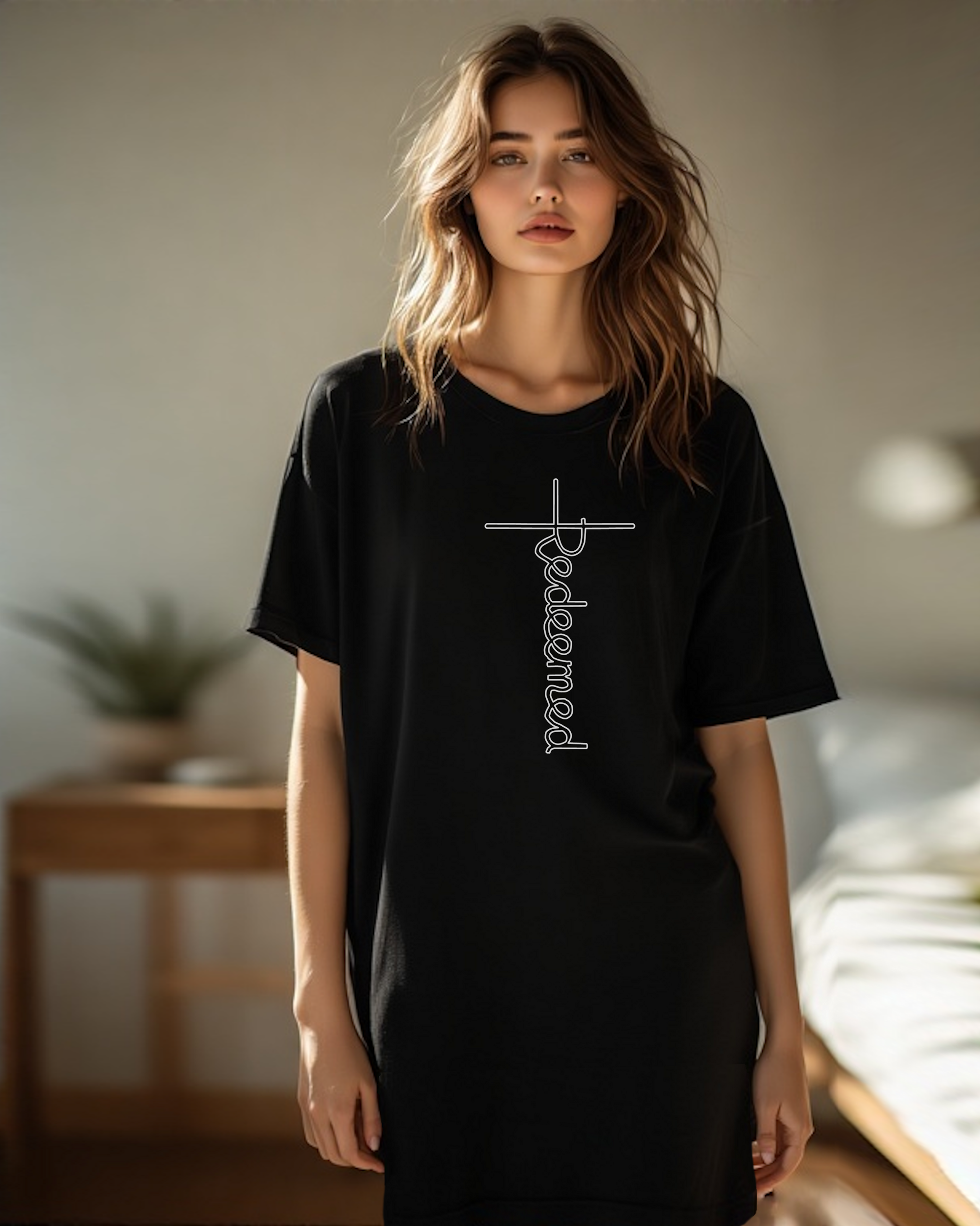 A woman in a lounge wearing a black Heavenly Dreamwear t-shirt dress with an elaborate red 'Redeemed' logo printed on the front. 