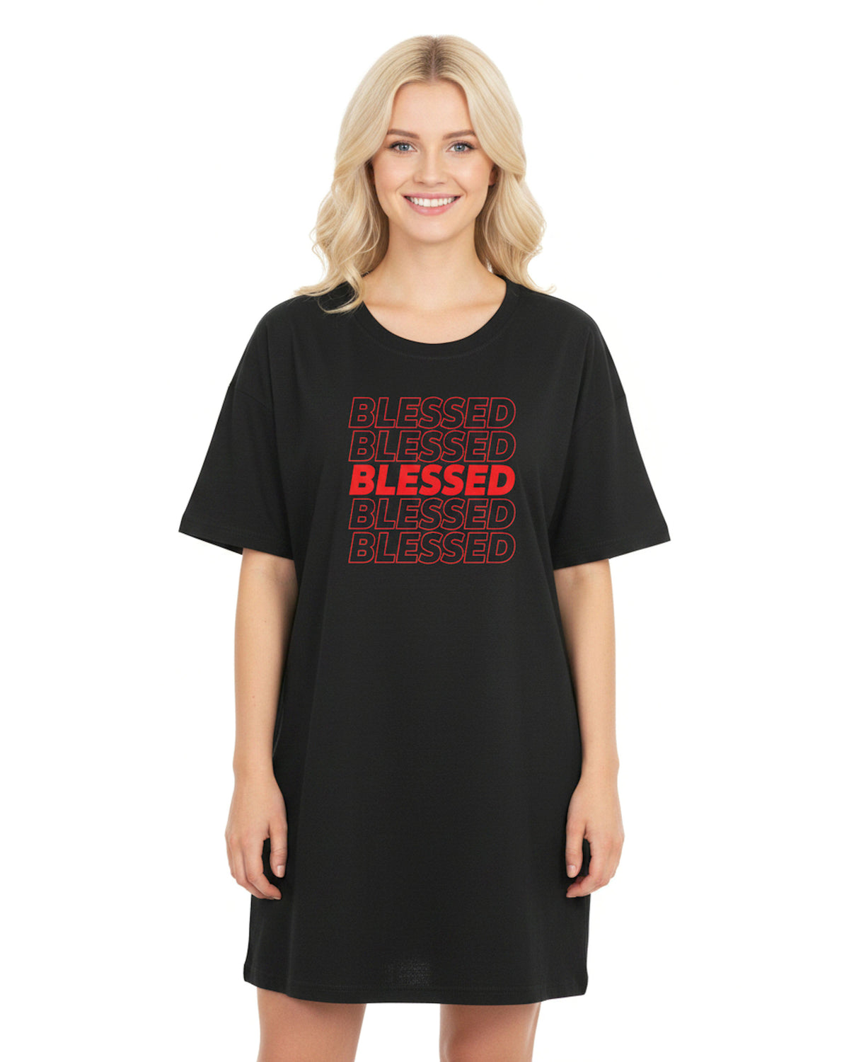 Woman wearing a black t-shirt dress with a red 'BLESSED' motif printed on the front against a white background
