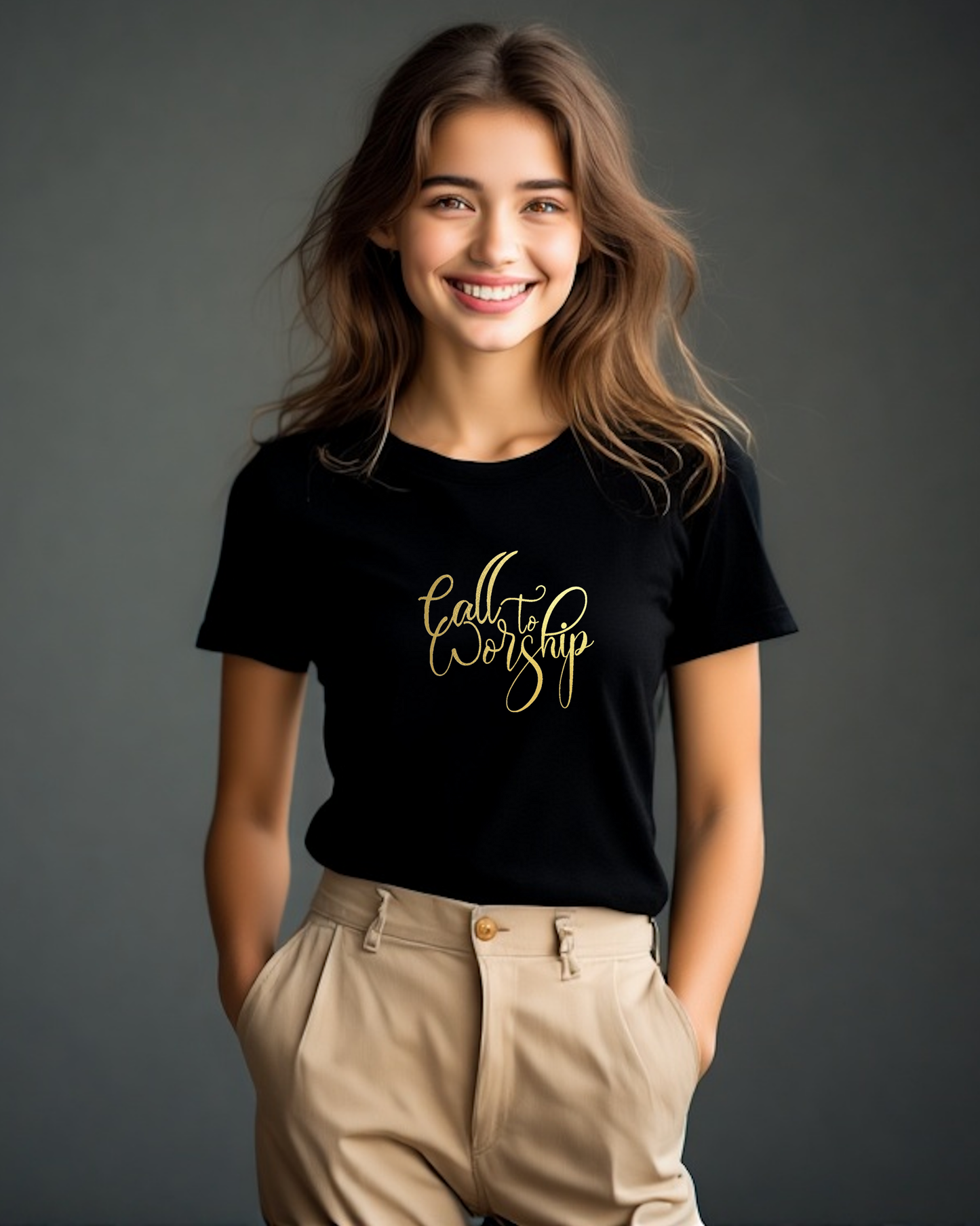 A woman wearing a black t-shirt with a Heavenly Dreamwear designed "Call to Worship" logo printed in gold on the front.
