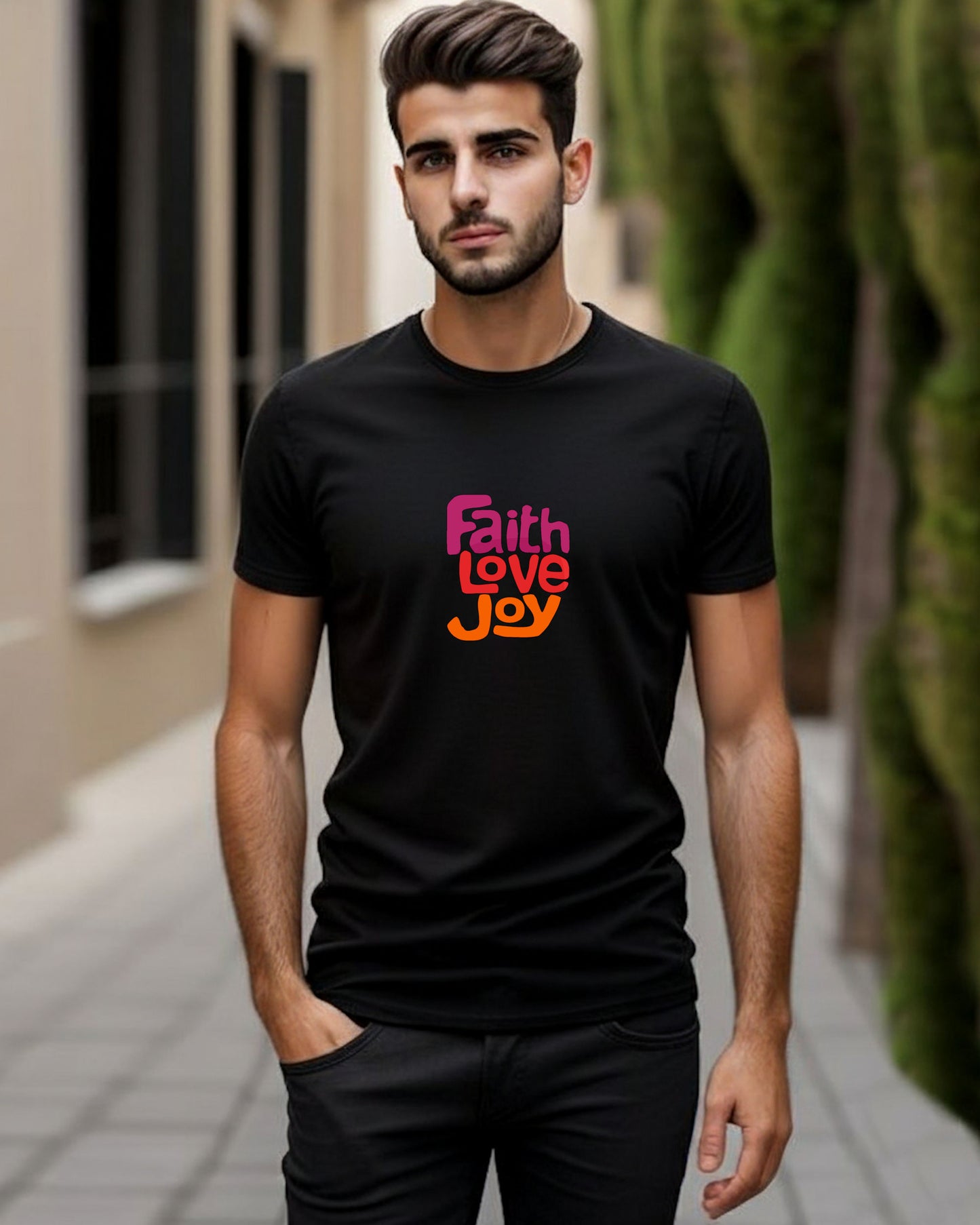 Man wearing a black t-shirt with 'Faith Love Joy' text outdoors.