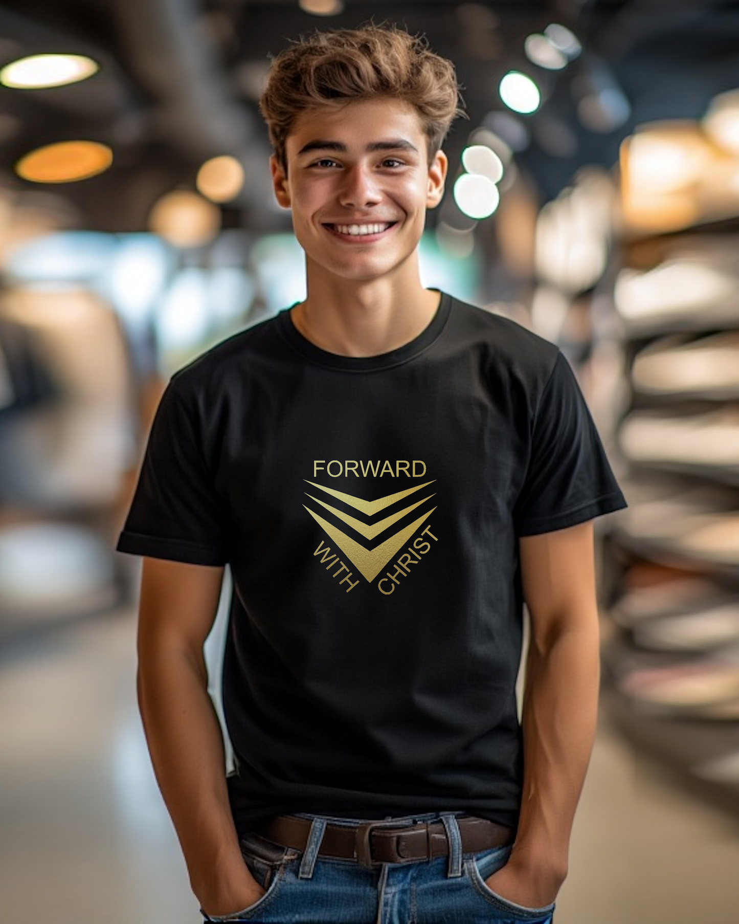 A man standing in a shop wearing a black short sleeve t-shirt that has a gold logo with the words "FORWARD WITH CHRIST" around 3 downward pointing chevrons.