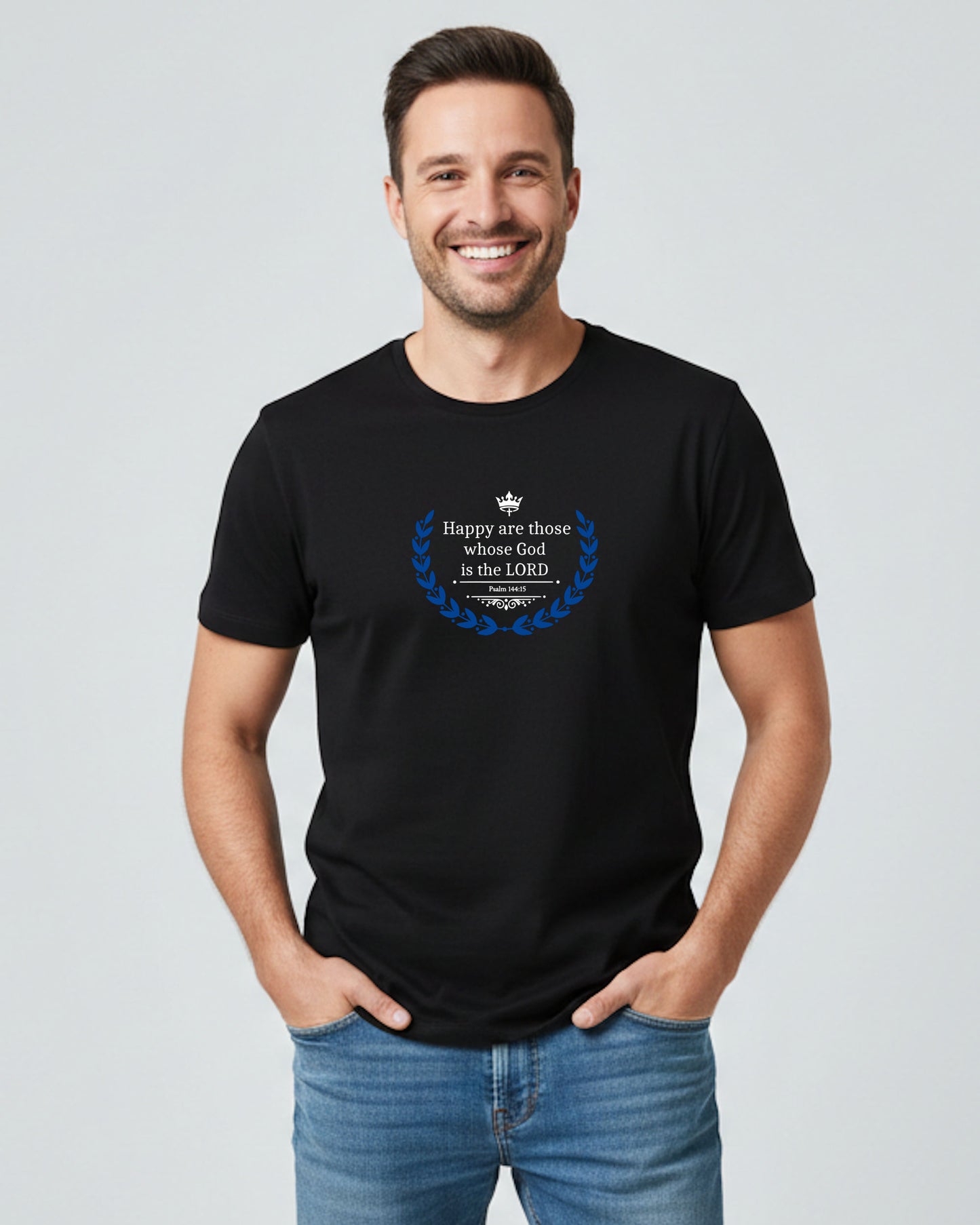 Man wearing a black t-shirt with a blue laurel design and text, "Happy are those whose God is the LORD",  on a light gray background.