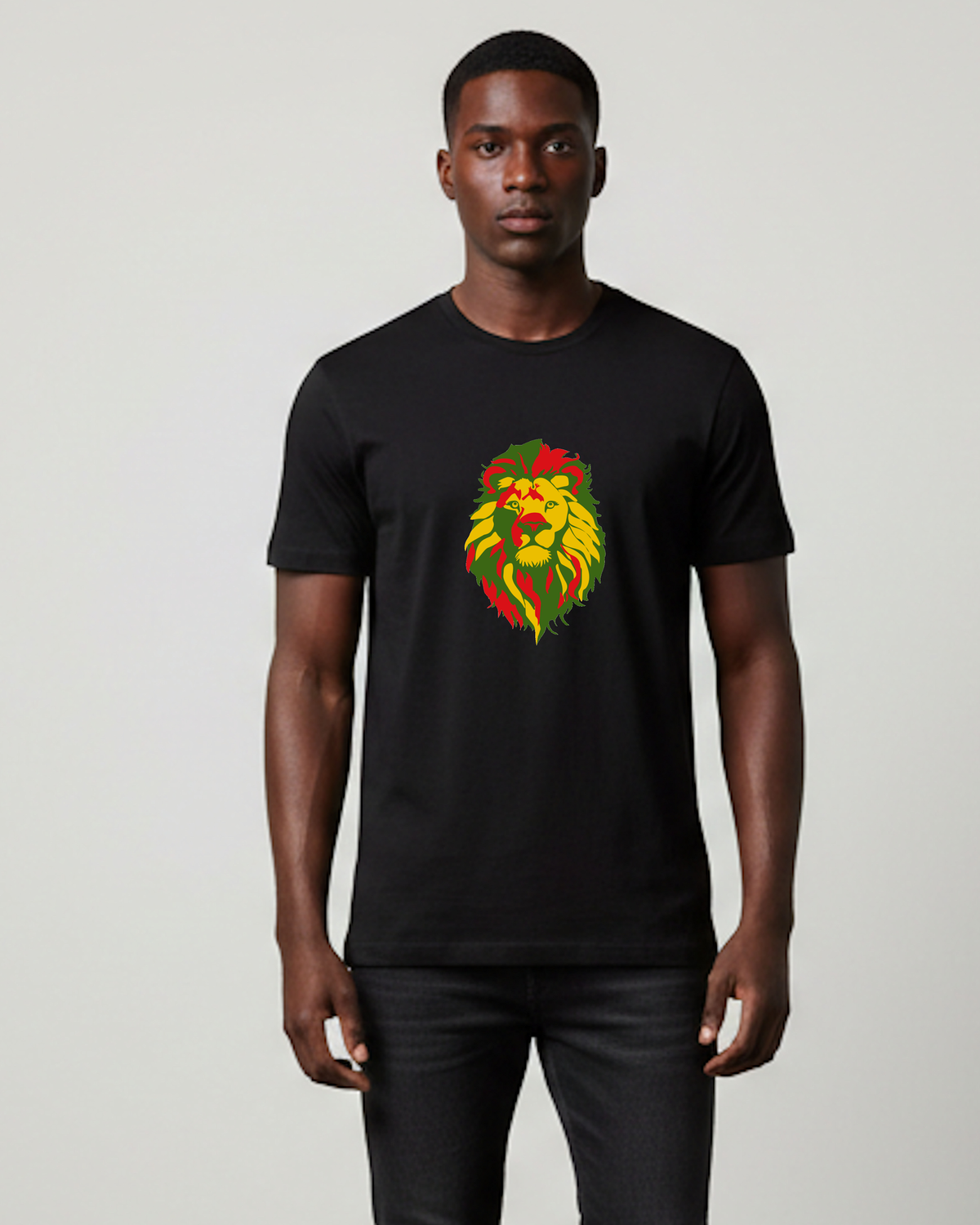 Man wearing a black short sleeve t-shirt with a lion logo in red, yellow and green on the front against a grey background
