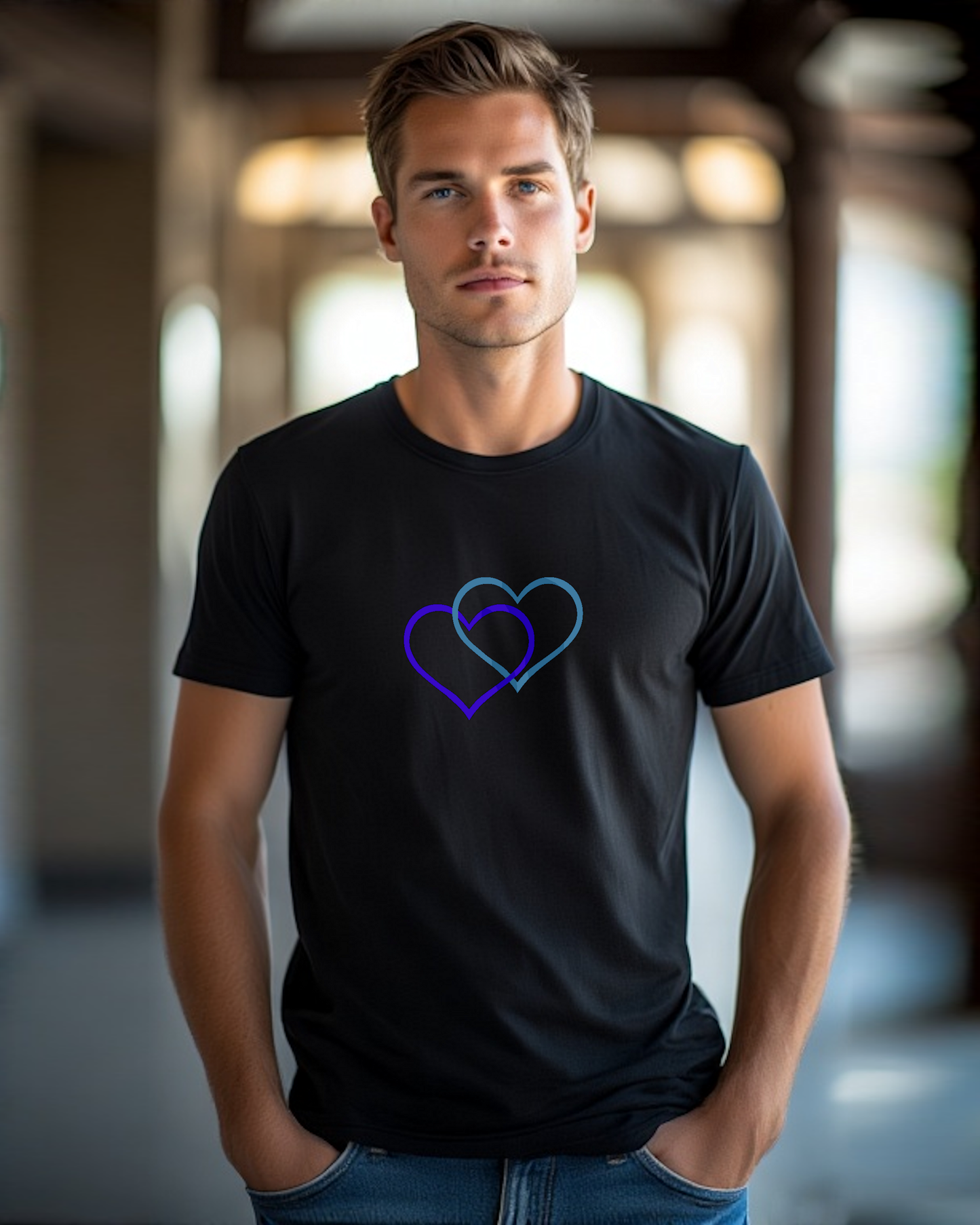 A man wearing a black t-shirt with a Heavenly Dreamwear logo comprised of an purple and blue inter-twinned hearts.