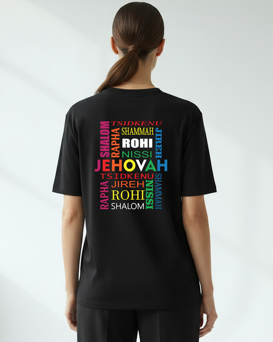 Woman wearing a black t-shirt with colorful text design on the back against a white background