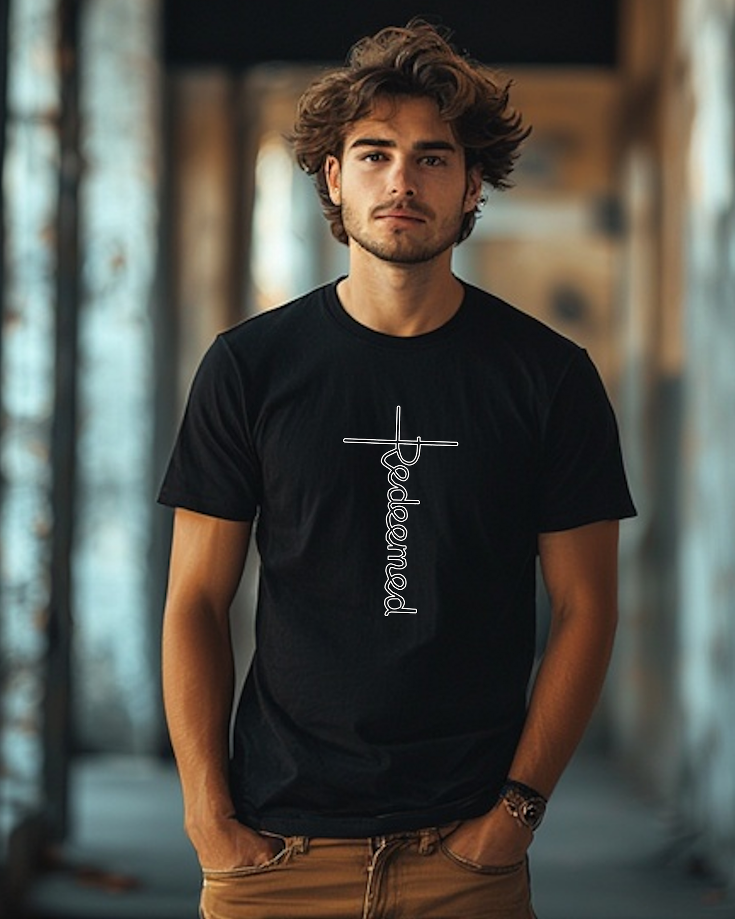 A man standing in a building wearing a black t-shirt with an elaborate white Heavenly Dreamwear designed 'Redeemed' logo printed on the front.
