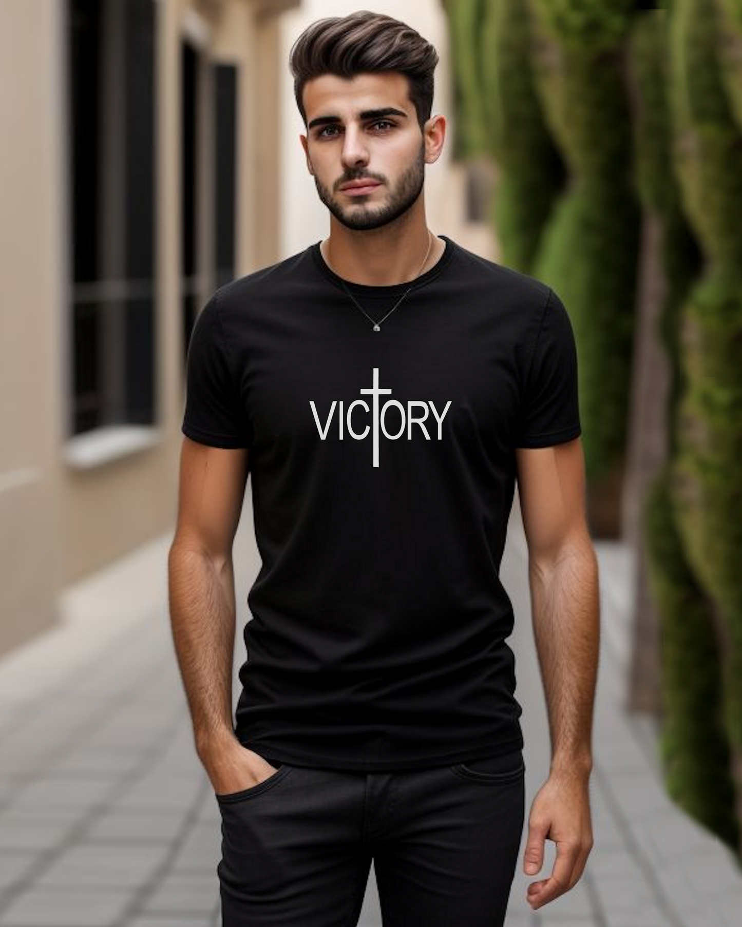 A man wearing a black t-shirt with a white Heavenly Dreamwear "Victory" logo printed on the front, standing in a garden.