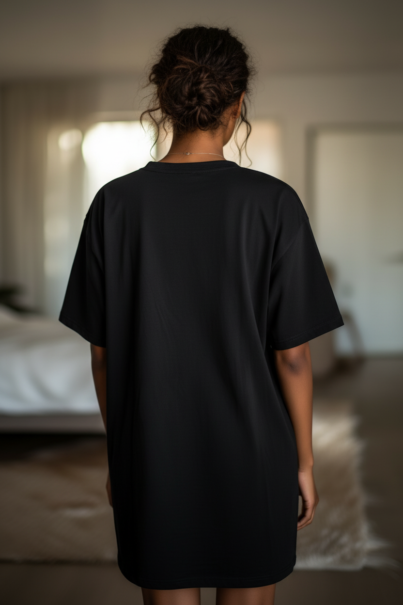 Woman wearing a black t-shirt dress in a bedroom setting