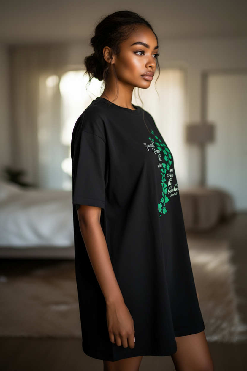Woman wearing a black t-shirt dress with green graphics and white text in a bedroom setting